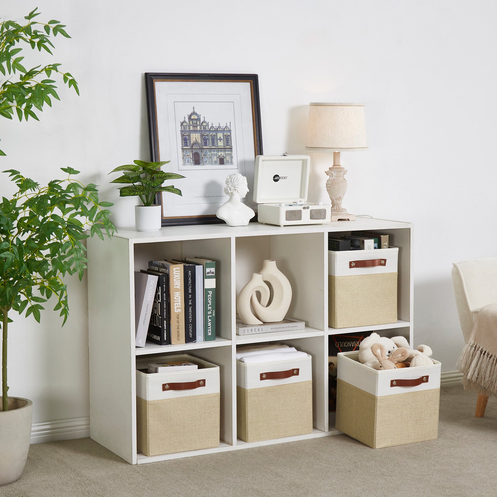 Collapsible Fabric Storage Cube Bins with 2 Reinforced PU Handles, Foldable Storage Organizer Baskets for Closet, Shelves, Living Room | 13"x13"x13", 4 Pack, Beige & White