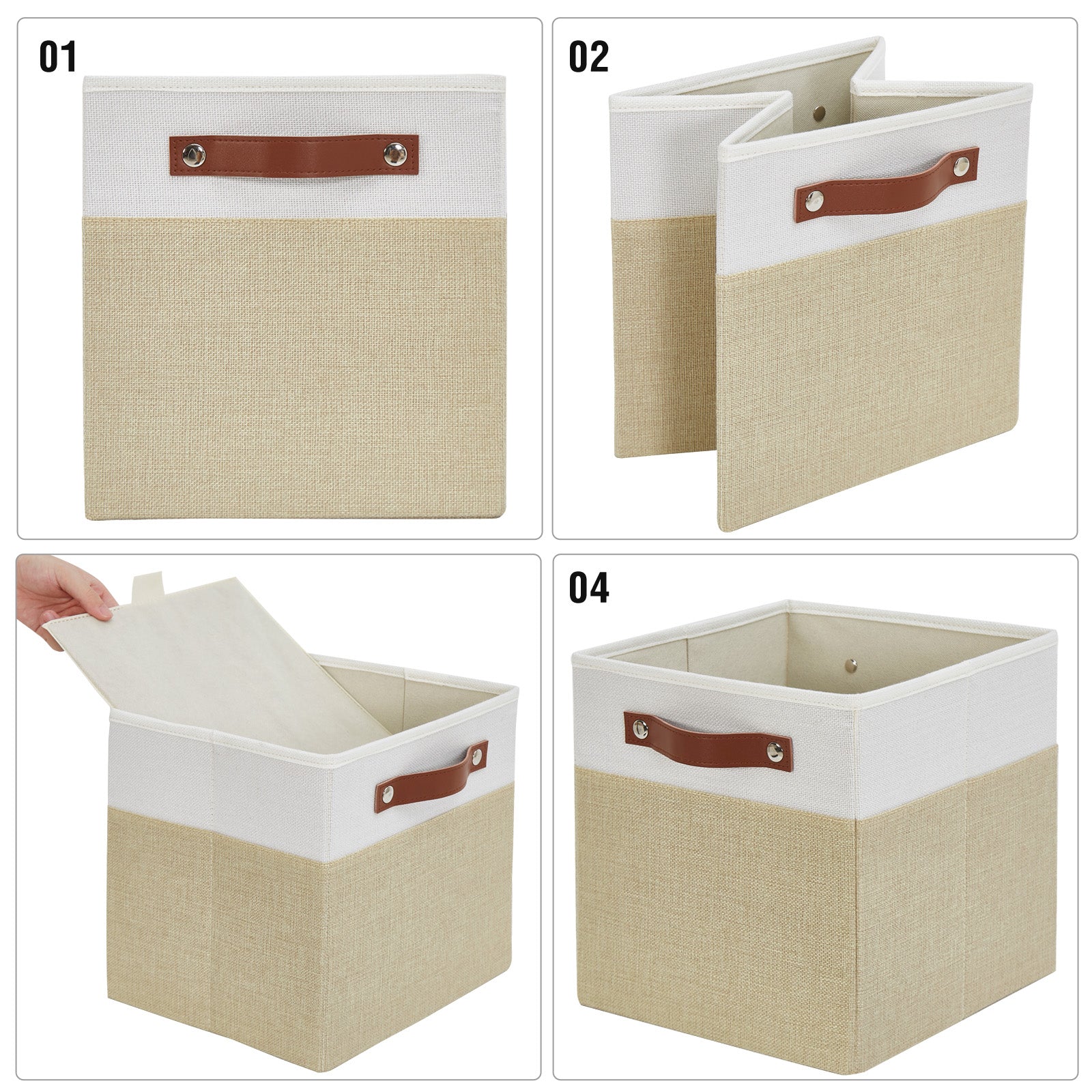 Collapsible Fabric Storage Cube Bins with 2 Reinforced PU Handles, Foldable Storage Organizer Baskets for Closet, Shelves, Living Room | 11"x11"x11", 4 Pack, Beige & White