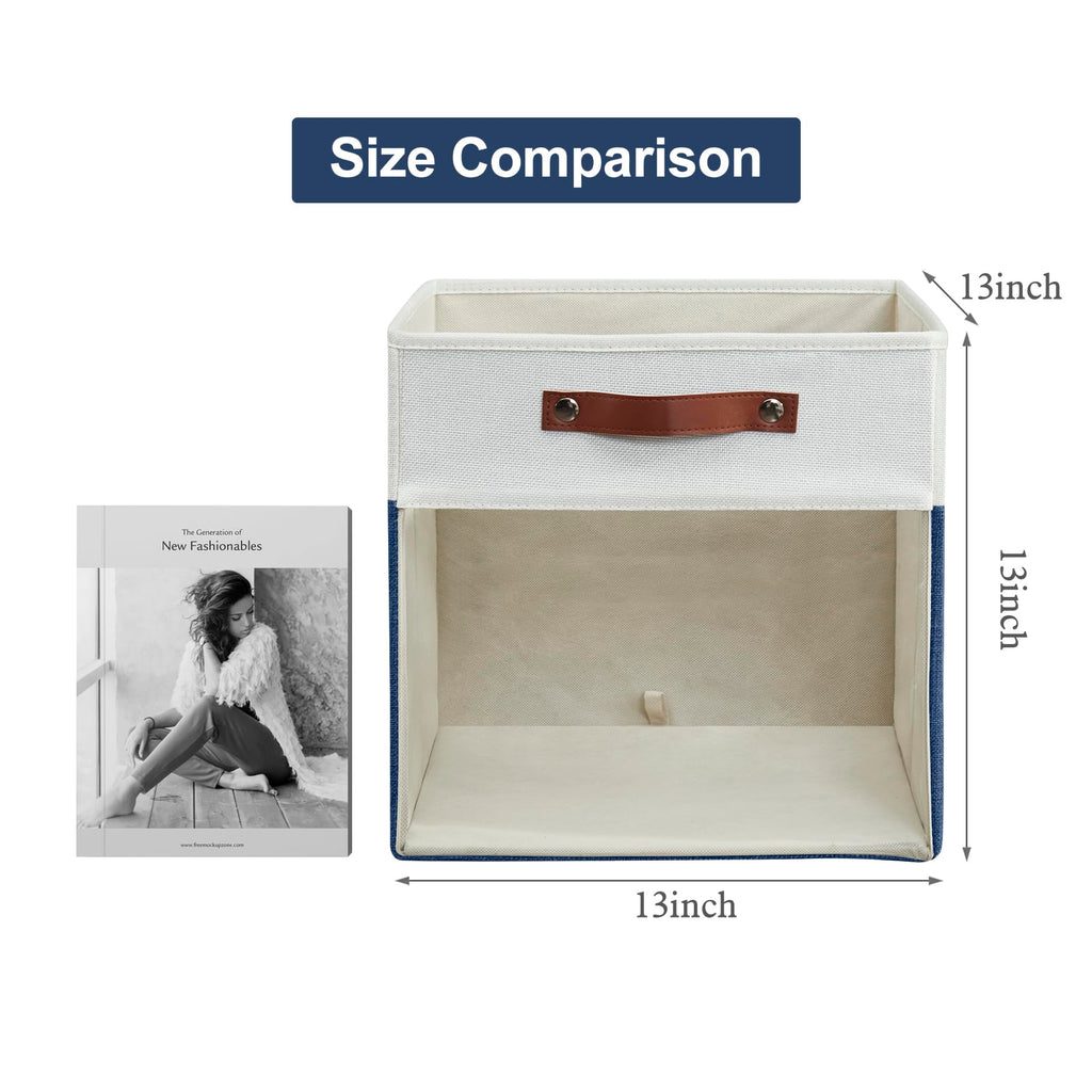 Bagnizer Storage Cubes, 4 Pack Linen Foldable Storage Bins (13 x 13 inch) with Clear Window and Handles, Fabric Organizer for Shelf Closet, Clothes, Books - (Navy Blue and White)