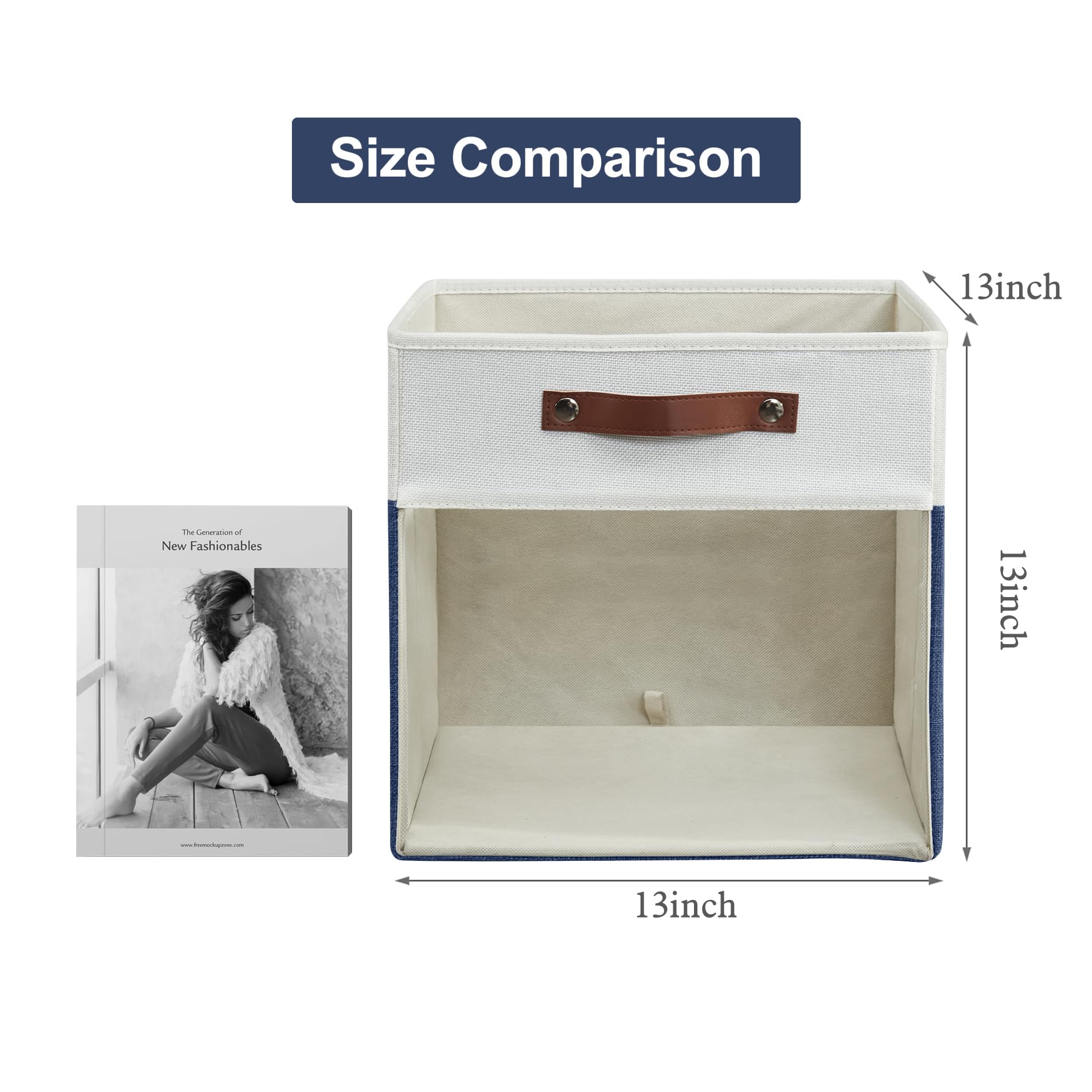 Bagnizer Storage Cubes, 4 Pack Linen Foldable Storage Bins (13 x 13 inch) with Clear Window and Handles, Fabric Organizer for Shelf Closet, Clothes, Books - (Navy Blue and White)