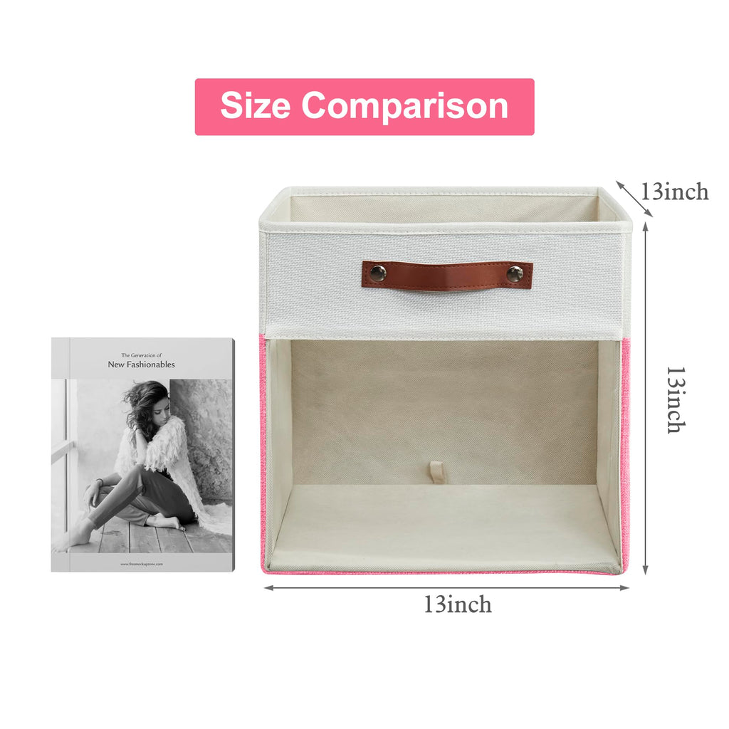 Bagnizer Storage Cubes, 4 Pack Linen Foldable Storage Bins (13 x 13 inch) with Clear Window and Handles, Fabric Organizer for Shelf Closet, Clothes, Books - (Pink and White)
