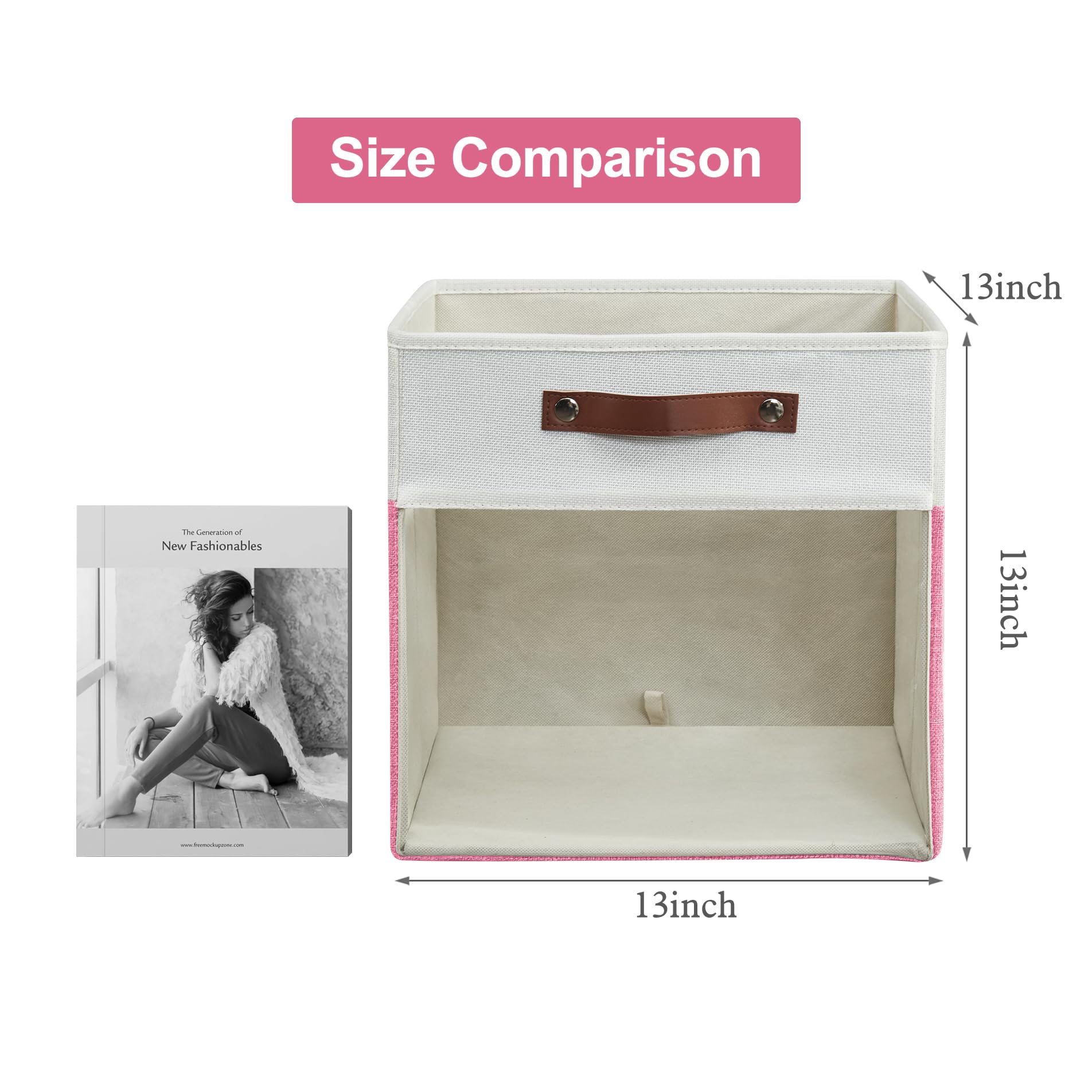 Bagnizer Storage Cubes, 4 Pack Linen Foldable Storage Bins (13 x 13 inch) with Clear Window and Handles, Fabric Organizer for Shelf Closet, Clothes, Books - (Pink and White)