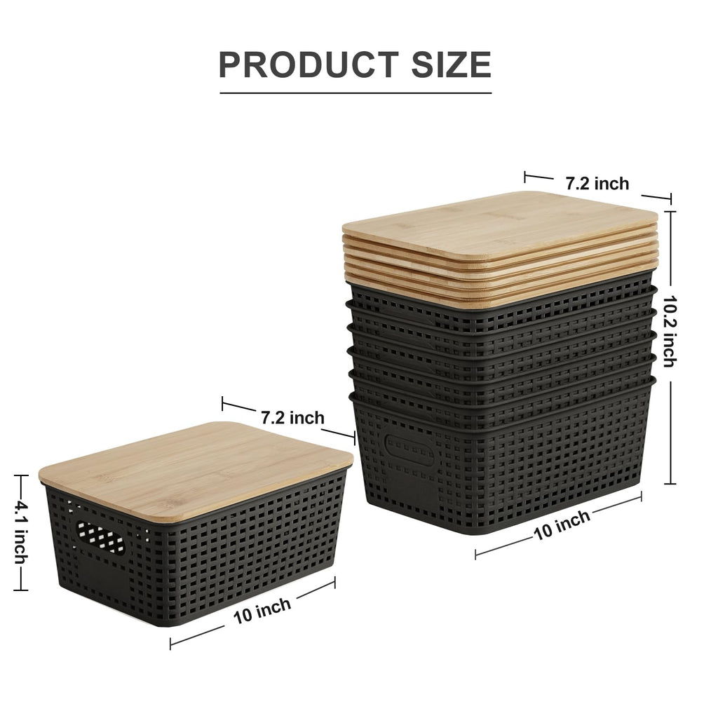 Small Plastic Storage Bins with Bamboo Lids 5.2qt Stackable Box Basket Pantry Decorative Containers Cute with Lable for Organizing Desktop Closet Office Black of 6 packs 10 * 7.2 * 4.1"
