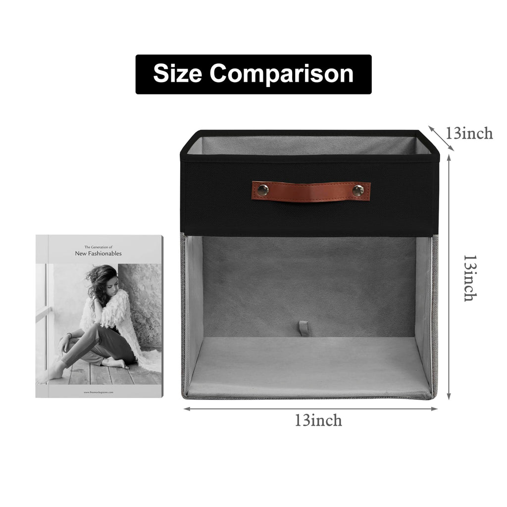 Bagnizer Storage Cubes, 4 Pack Linen Foldable Storage Bins (13 x 13 inch) with Clear Window and Handles, Fabric Organizer for Shelf Closet, Clothes, Books - (Gray and Black)