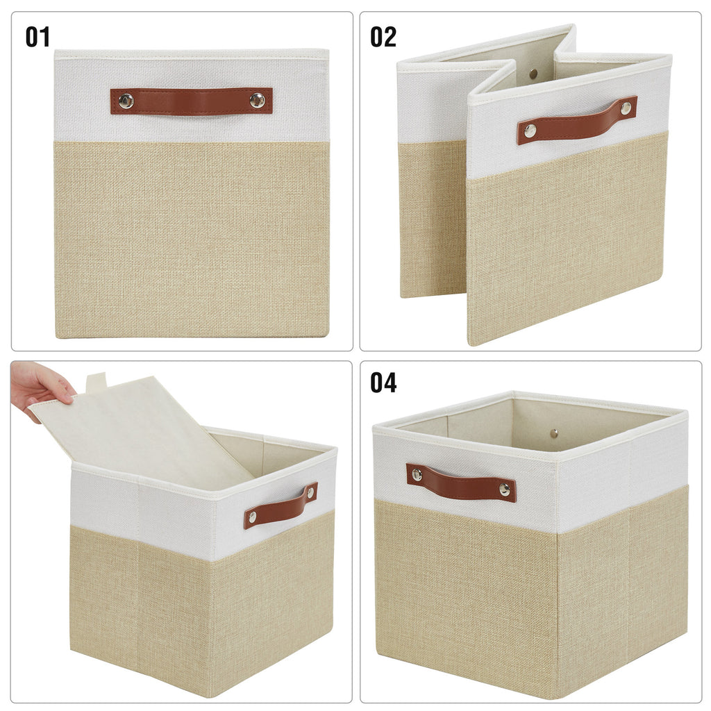Collapsible Fabric Storage Cube Bins with 2 Reinforced PU Handles, Foldable Storage Organizer Baskets for Closet, Shelves, Living Room | 13"x13"x13", 4 Pack, Beige & White