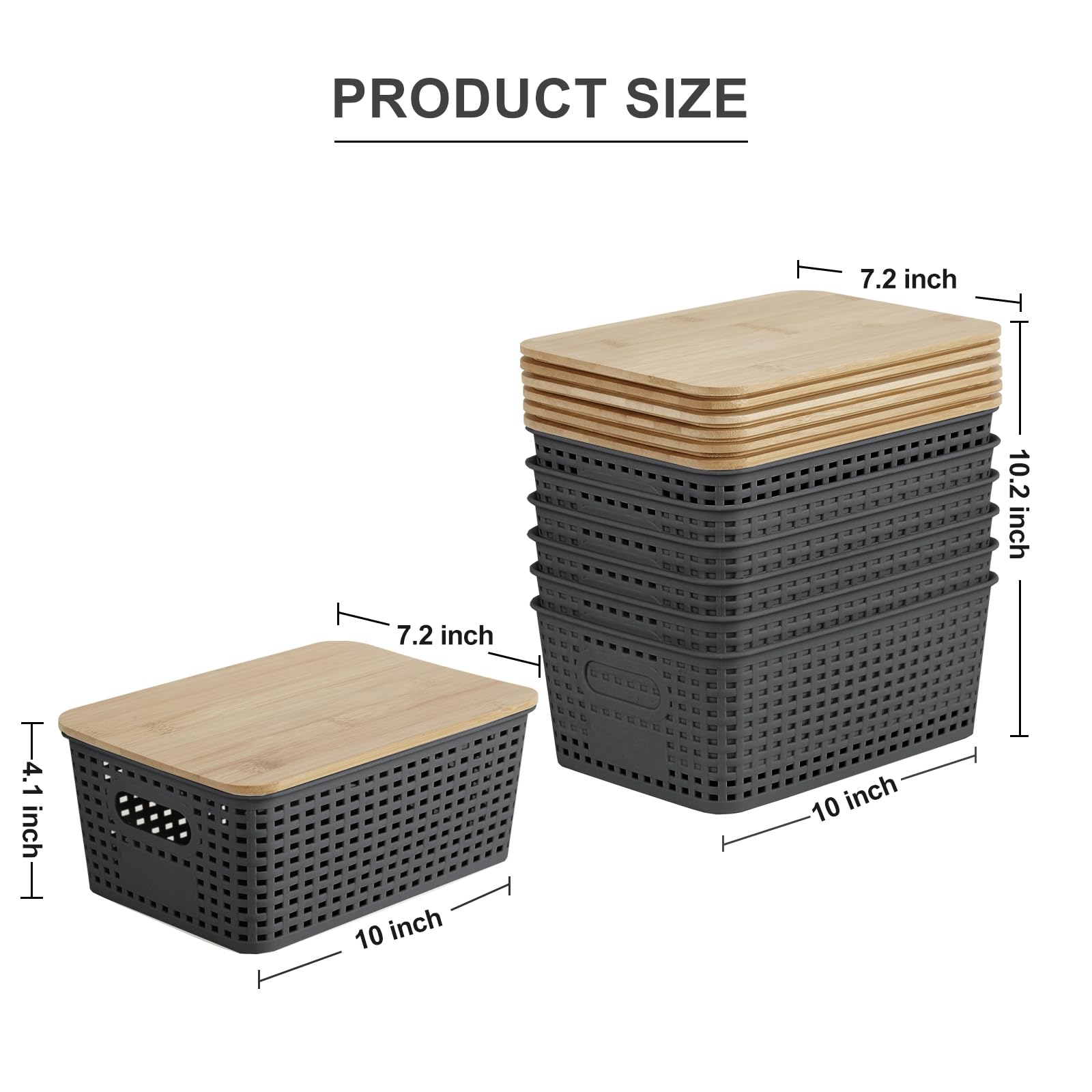 Bagnizer Small Plastic Storage Bins with Bamboo Lids 5.2qt Stackable Box Basket Pantry Decorative Containers Cute with Lable for Organizing Desktop Closet Office Gray of 6 packs 10*7.2*4.1'’