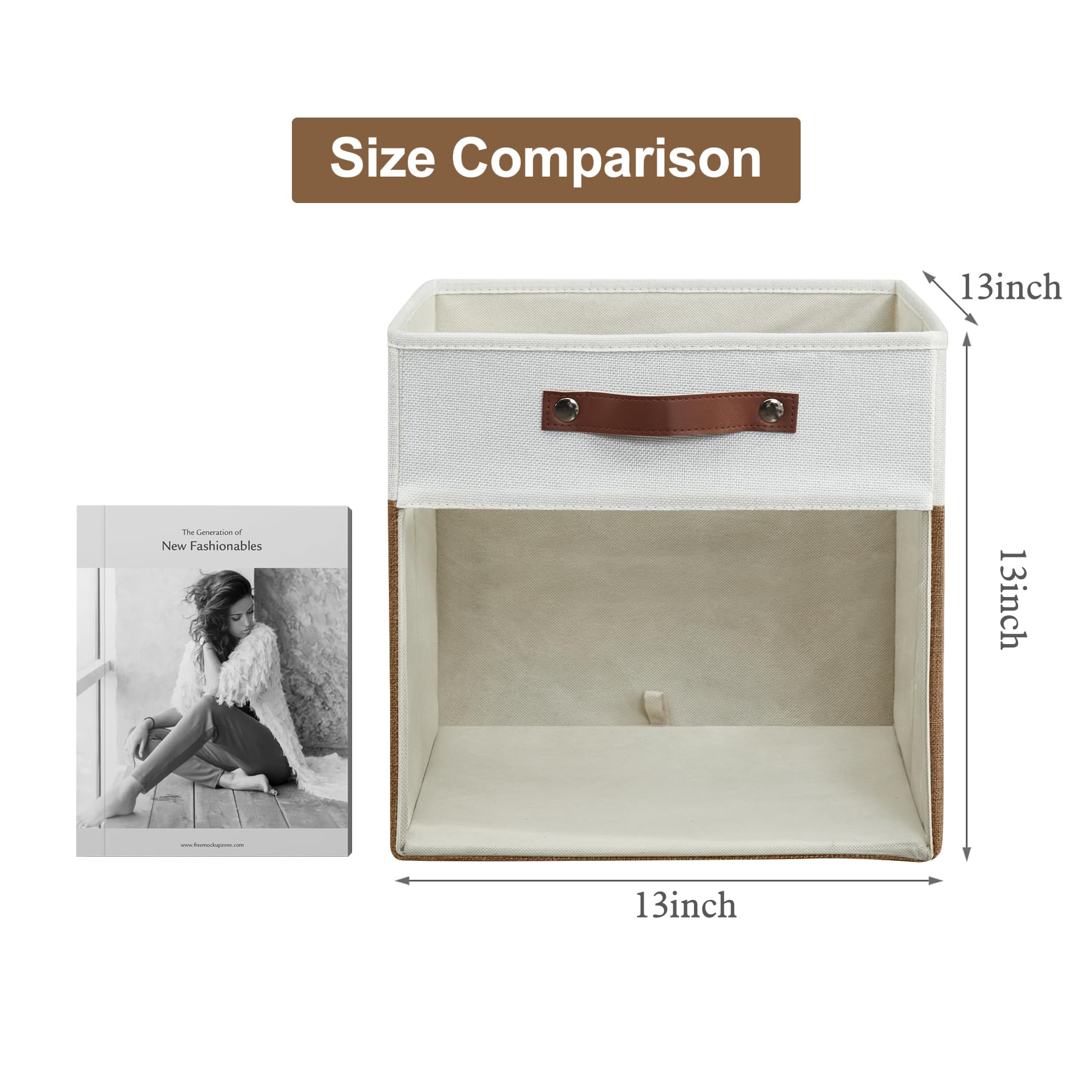 Bagnizer Storage Cubes, 4 Pack Linen Foldable Storage Bins (13 x 13 inch) with Clear Window and Handles, Fabric Organizer for Shelf Closet, Clothes, Books - (Brown and White)