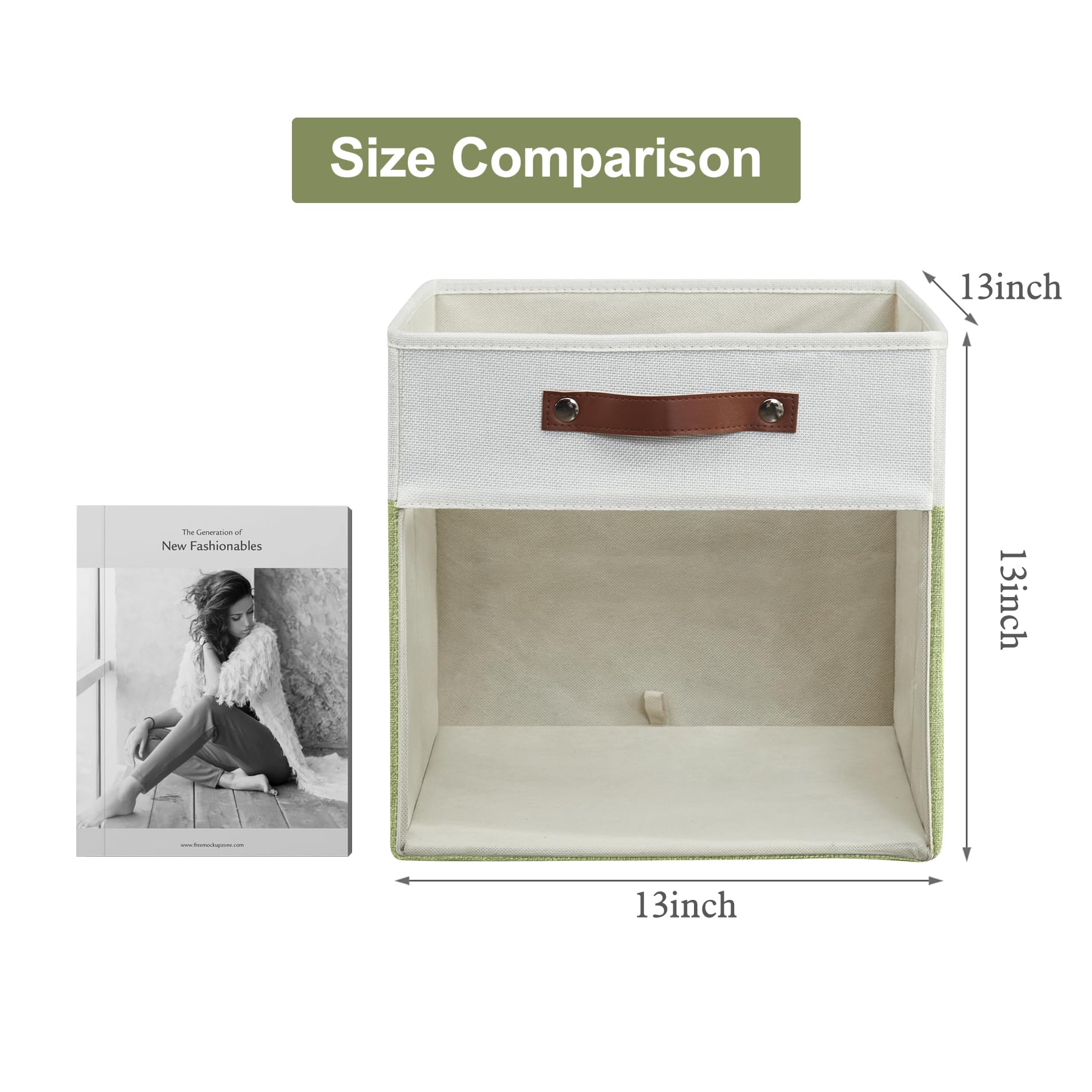 Bagnizer Storage Cubes, 4 Pack Linen Foldable Storage Bins (13 x 13 inch) with Clear Window and Handles, Fabric Organizer for Shelf Closet, Clothes, Books - (Green and White)