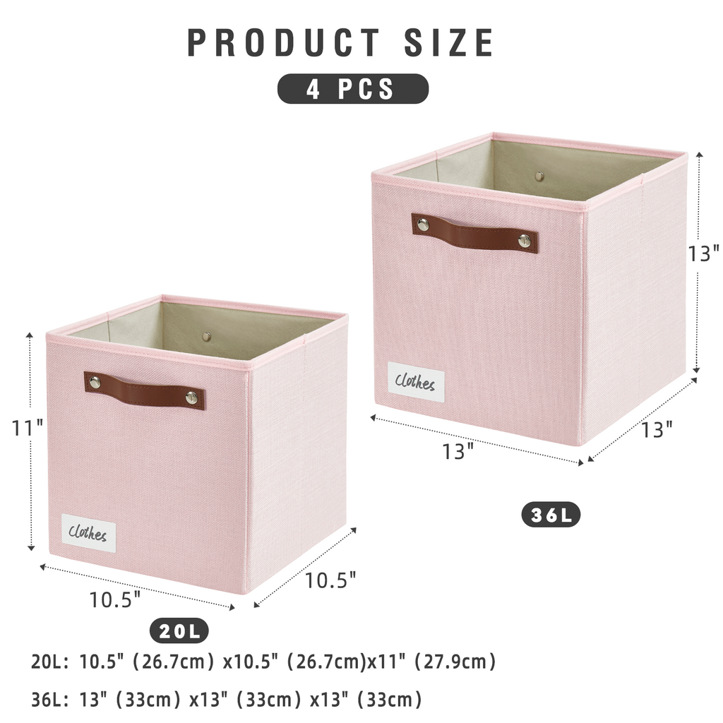 Collapsible Fabric Storage Cube Bins with 2 Reinforced PU Handles, Foldable Storage Organizer Baskets for Closet, Shelves, Living Room | 11"x11"x11", 4 Pack, Full Pink