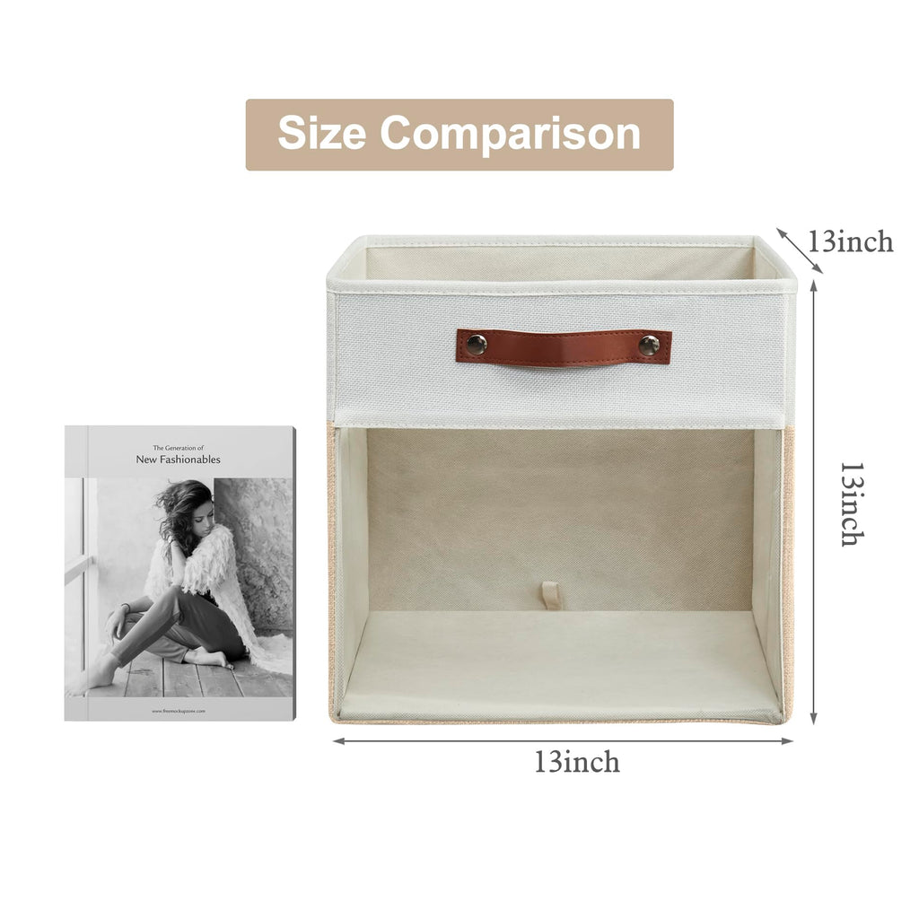 Bagnizer Storage Cubes, 4 Pack Linen Foldable Storage Bins (13 x 13 inch) with Clear Window and Handles, Fabric Organizer for Shelf Closet, Clothes, Books - (Beige and White)