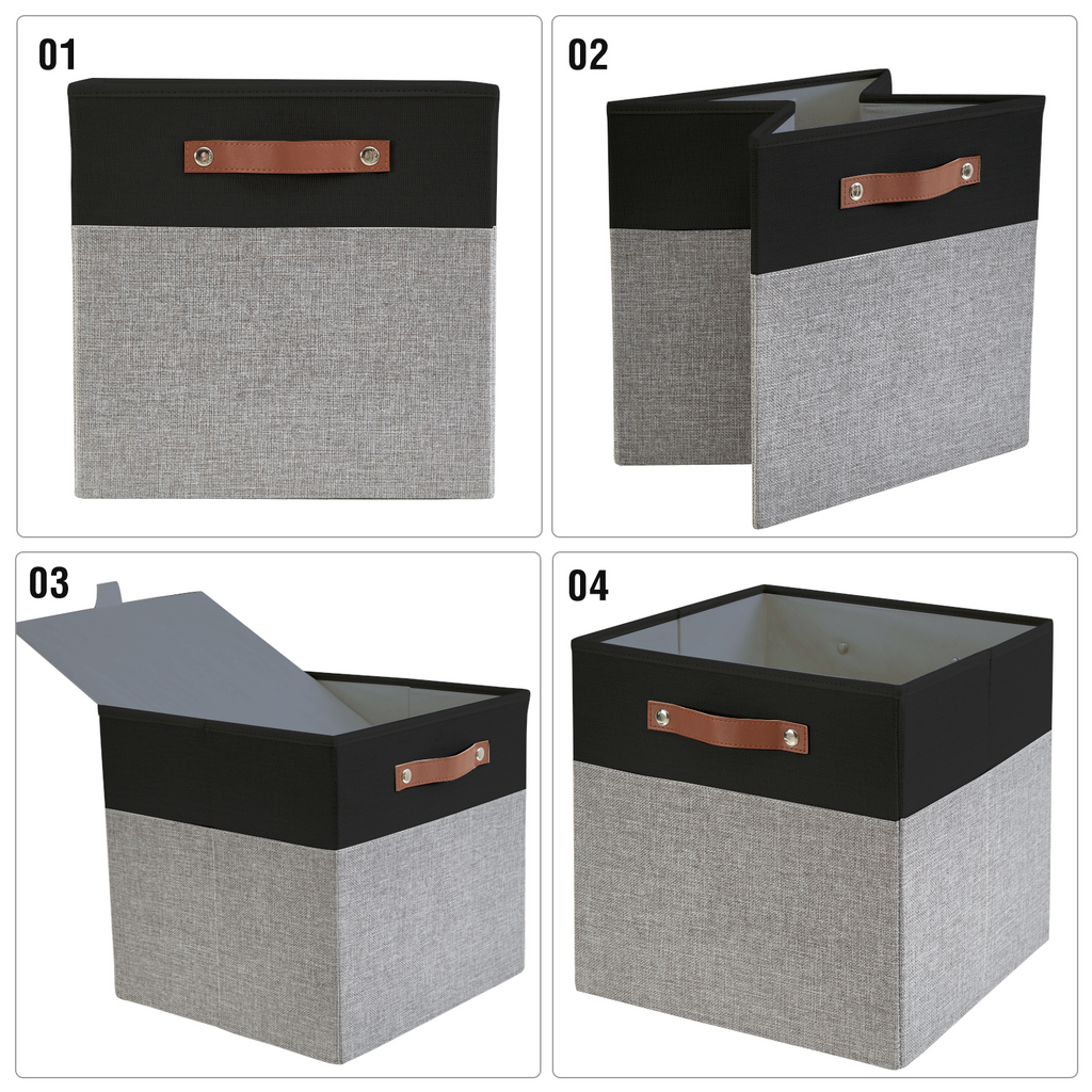 Collapsible Fabric Storage Cube Bins with 2 Reinforced PU Handles, Foldable Storage Organizer Baskets for Closet, Shelves, Living Room | 11"x11"x11", 4 Pack, Black & Gray