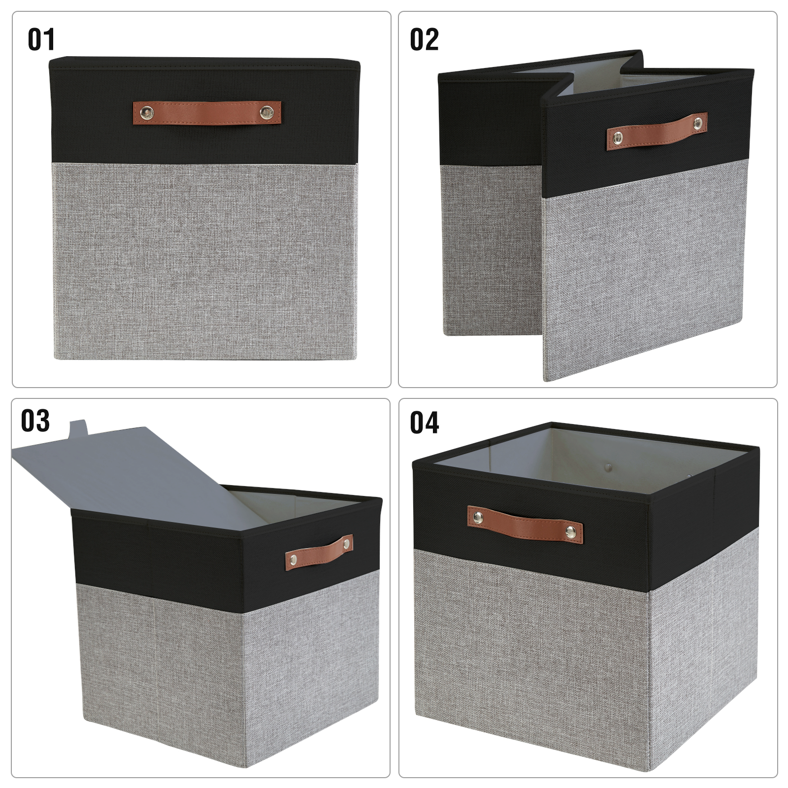 Collapsible Fabric Storage Cube Bins with 2 Reinforced PU Handles, Foldable Storage Organizer Baskets for Closet, Shelves, Living Room | 11"x11"x11", 4 Pack, Black & Gray