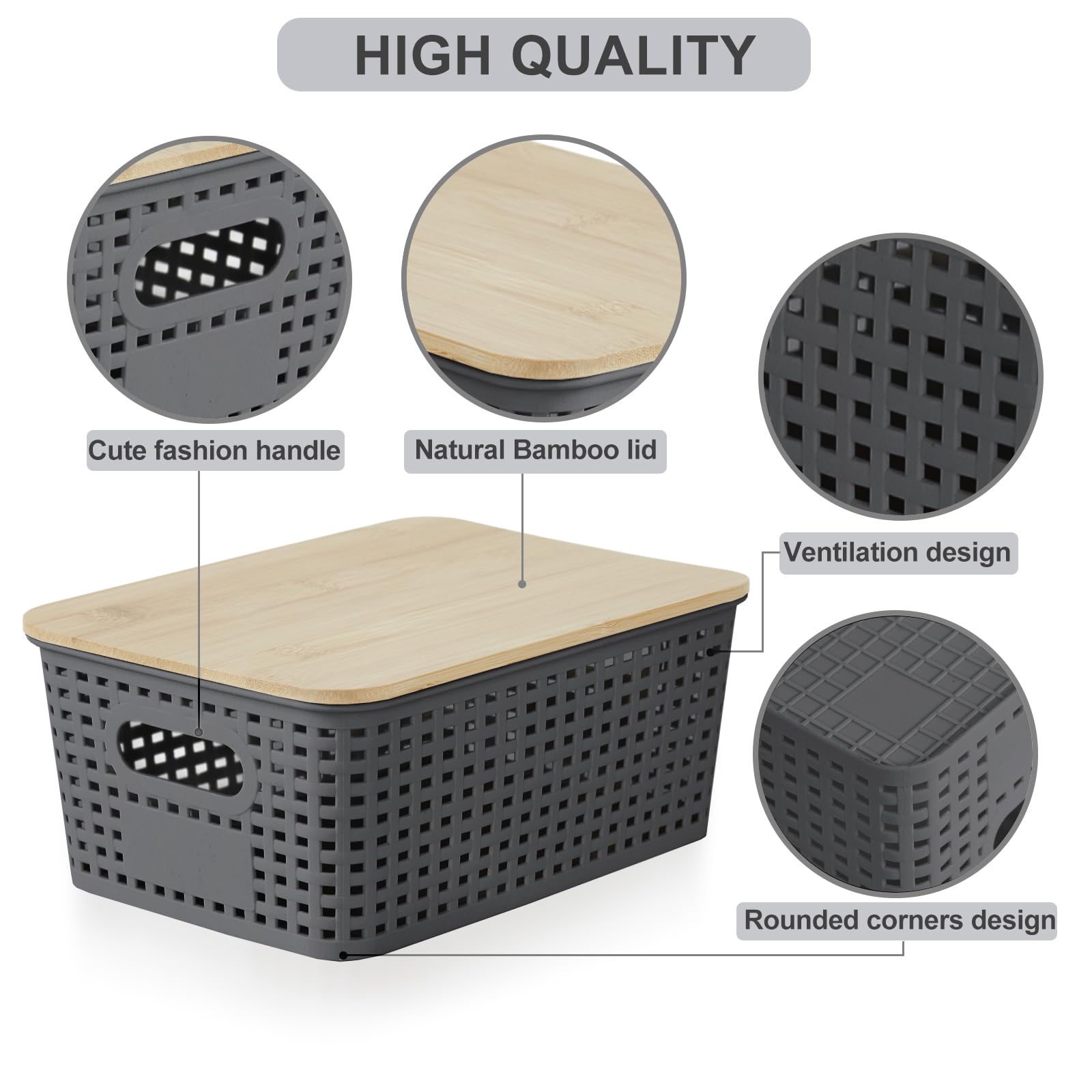 Bagnizer Small Plastic Storage Bins with Bamboo Lids 5.2qt Stackable Box Basket Pantry Decorative Containers Cute with Lable for Organizing Desktop Closet Office Gray of 6 packs 10*7.2*4.1'’