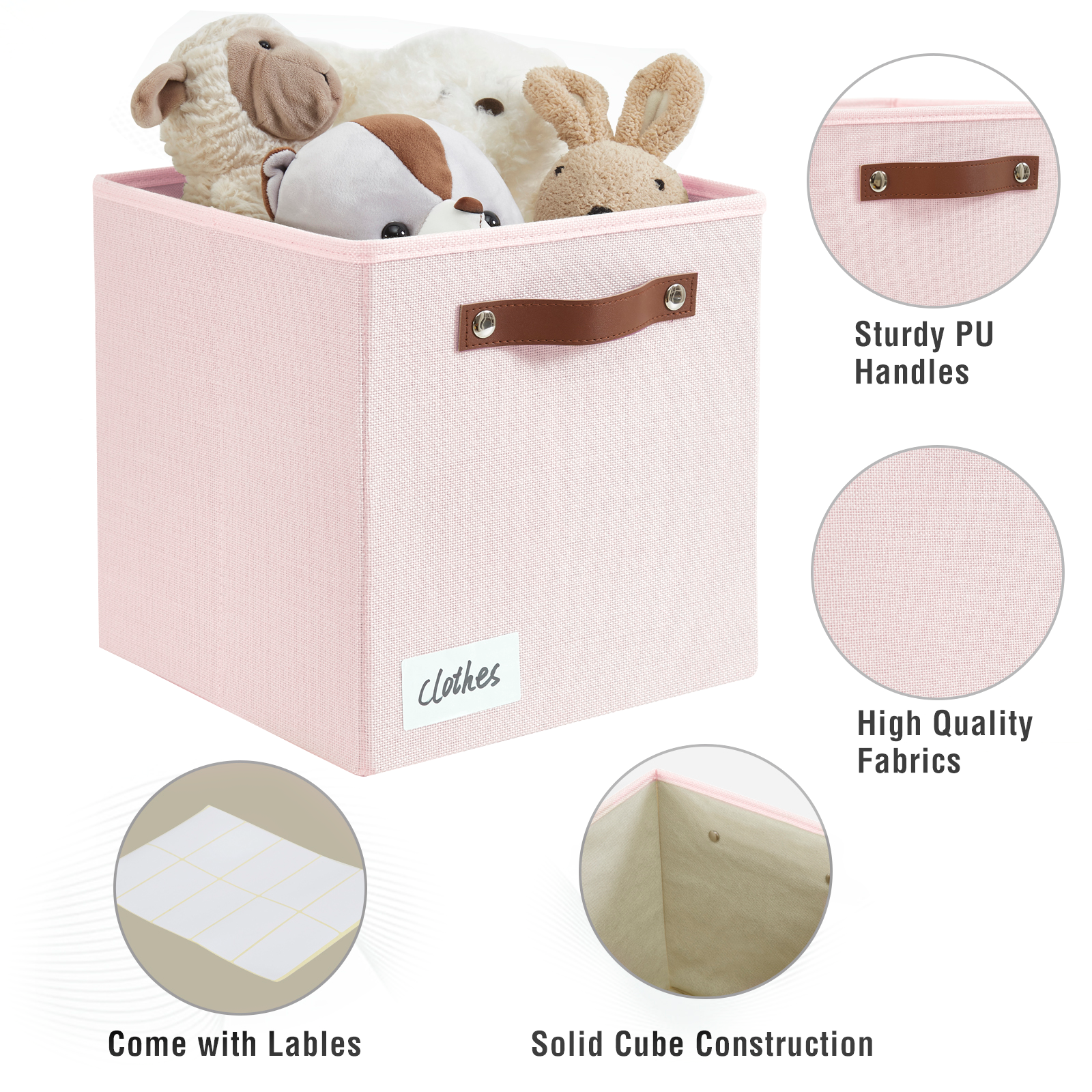 Collapsible Fabric Storage Cube Bins with 2 Reinforced PU Handles, Foldable Storage Organizer Baskets for Closet, Shelves, Living Room | 11"x11"x11", 4 Pack, Full Pink
