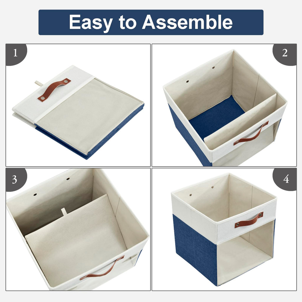 Bagnizer Storage Cubes, 4 Pack Linen Foldable Storage Bins (13 x 13 inch) with Clear Window and Handles, Fabric Organizer for Shelf Closet, Clothes, Books - (Navy Blue and White)