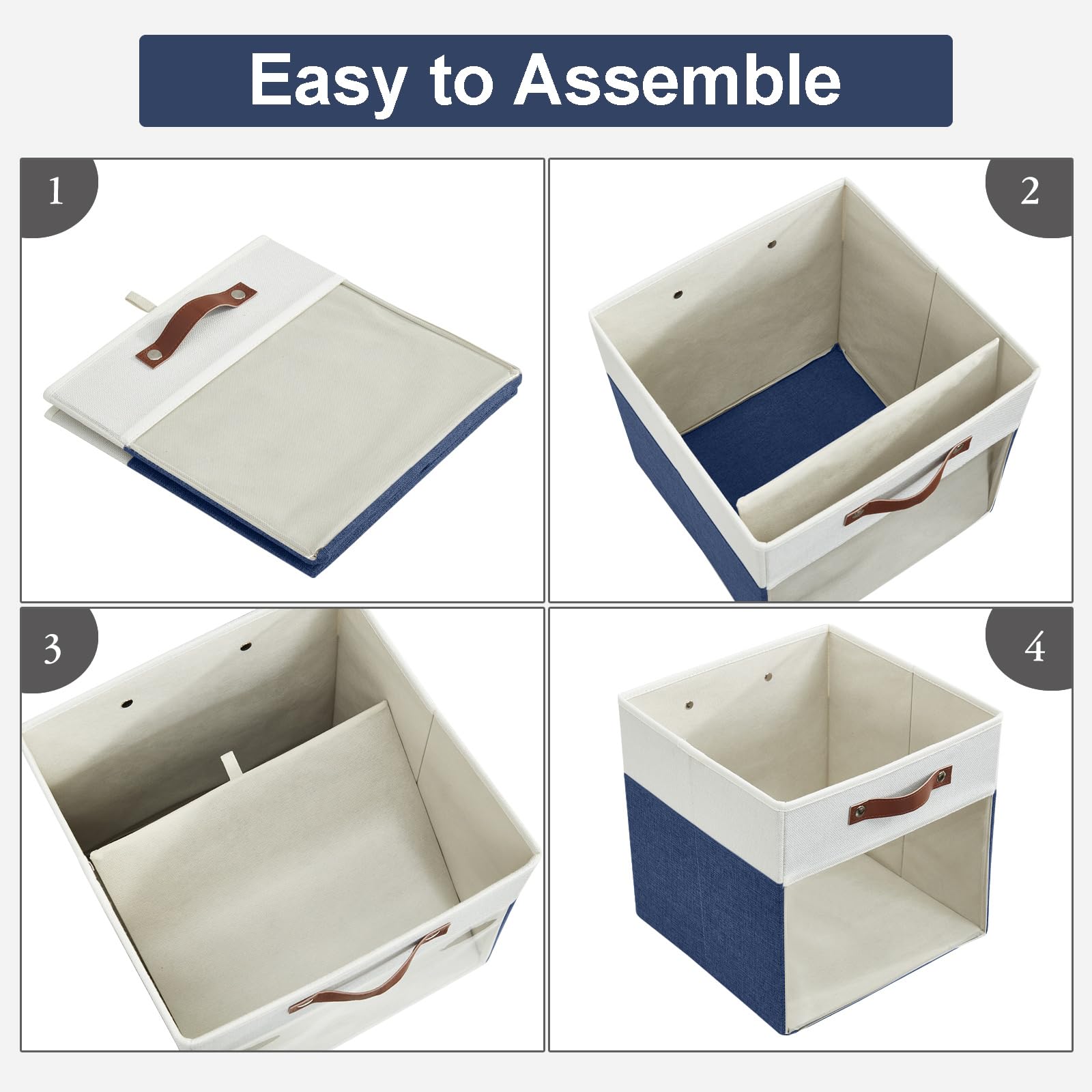 Bagnizer Storage Cubes, 4 Pack Linen Foldable Storage Bins (13 x 13 inch) with Clear Window and Handles, Fabric Organizer for Shelf Closet, Clothes, Books - (Navy Blue and White)