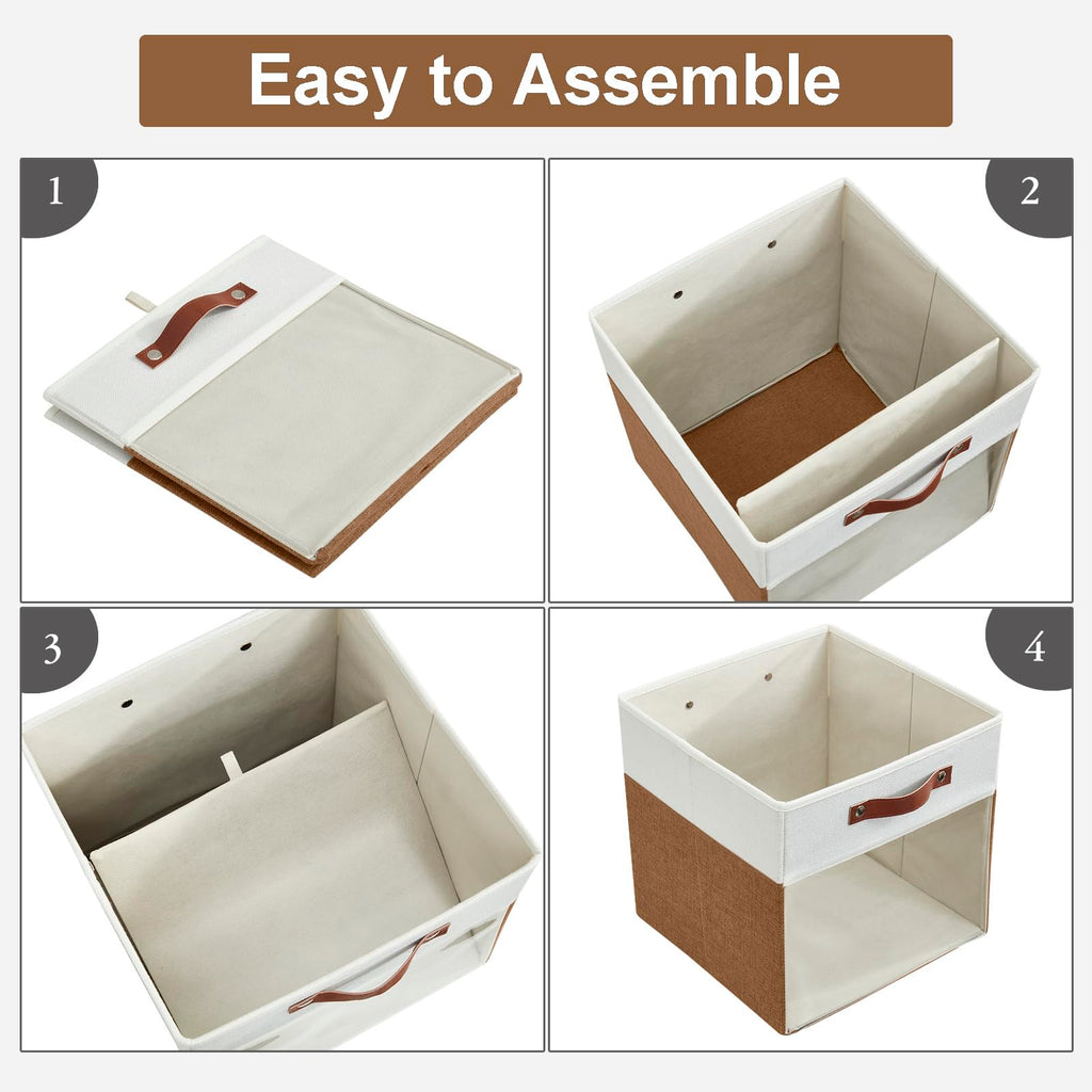 Bagnizer Storage Cubes, 4 Pack Linen Foldable Storage Bins (13 x 13 inch) with Clear Window and Handles, Fabric Organizer for Shelf Closet, Clothes, Books - (Brown and White)