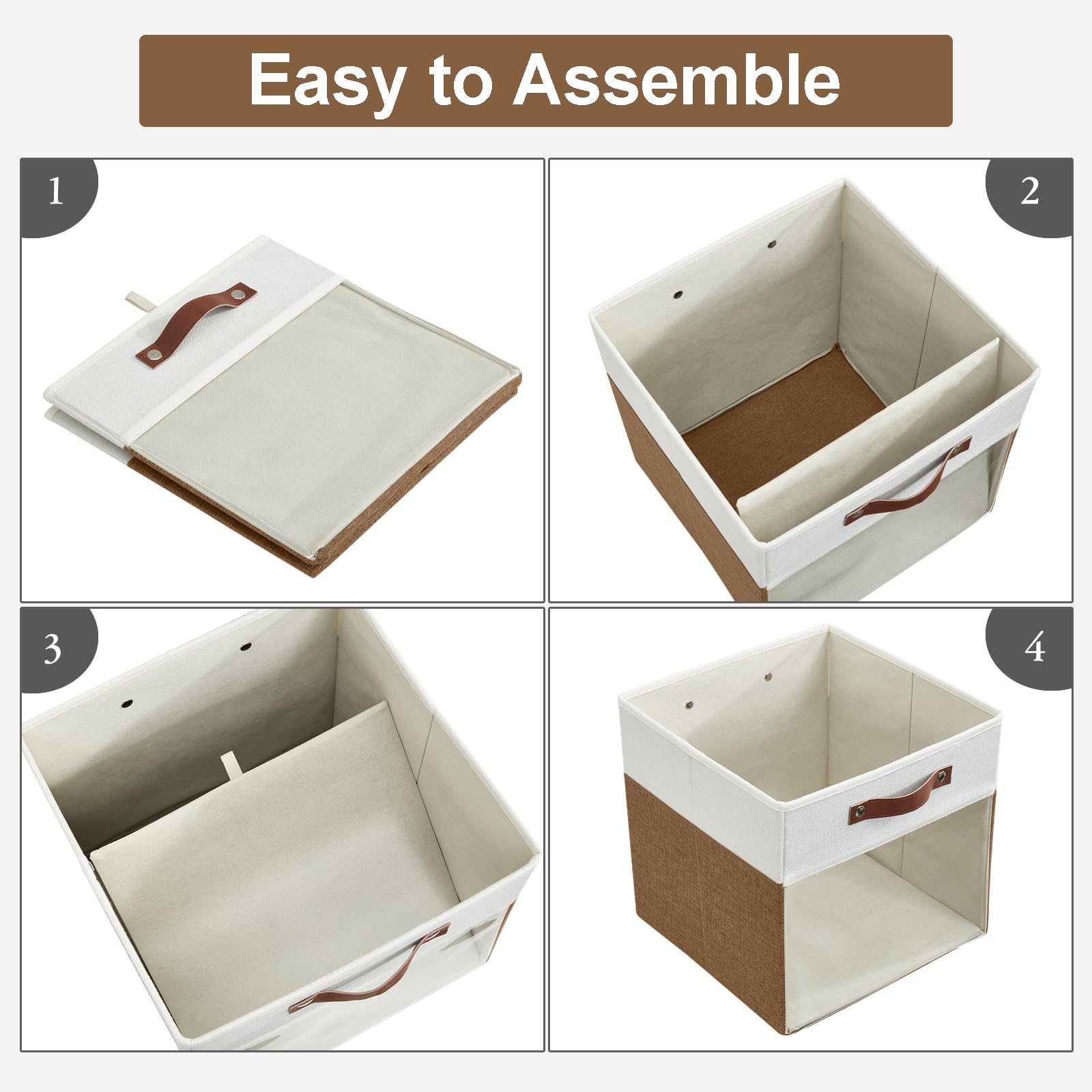 Bagnizer Storage Cubes, 4 Pack Linen Foldable Storage Bins (13 x 13 inch) with Clear Window and Handles, Fabric Organizer for Shelf Closet, Clothes, Books - (Brown and White)