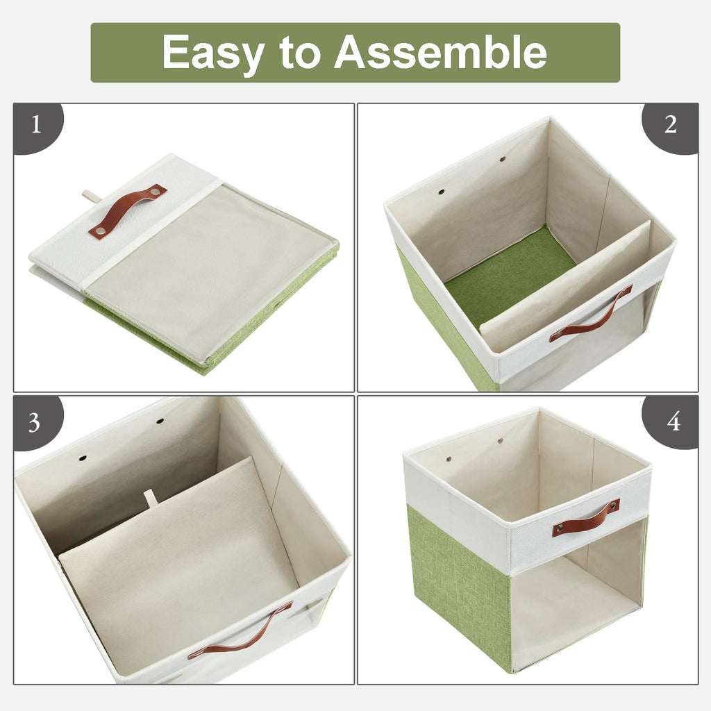 Bagnizer Storage Cubes, 4 Pack Linen Foldable Storage Bins (13 x 13 inch) with Clear Window and Handles, Fabric Organizer for Shelf Closet, Clothes, Books - (Green and White)