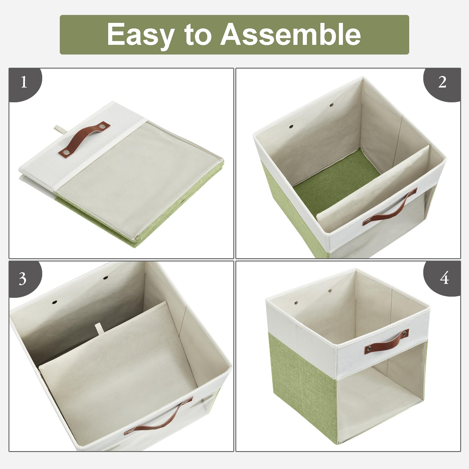 Bagnizer Storage Cubes, 4 Pack Linen Foldable Storage Bins (13 x 13 inch) with Clear Window and Handles, Fabric Organizer for Shelf Closet, Clothes, Books - (Green and White)
