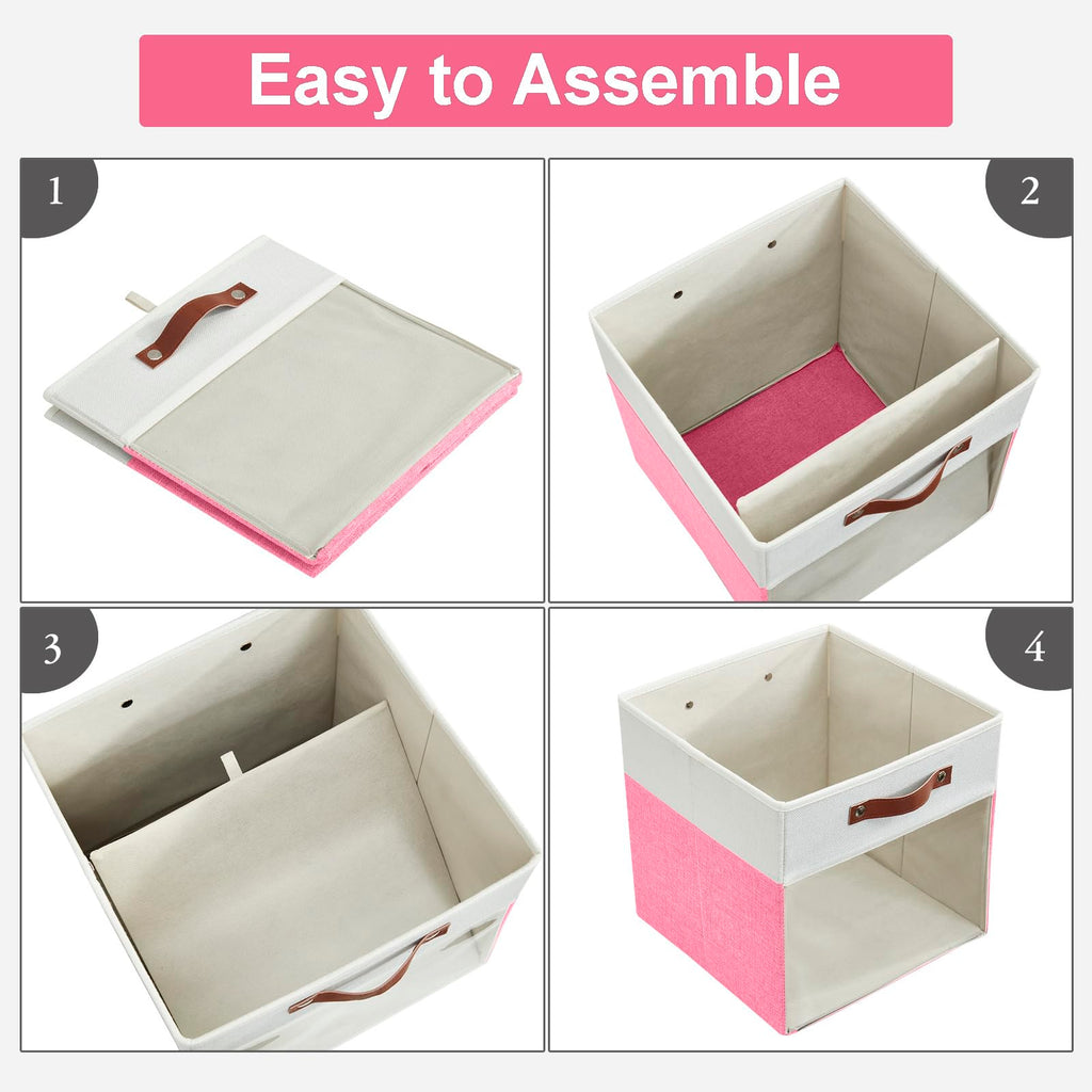 Bagnizer Storage Cubes, 4 Pack Linen Foldable Storage Bins (13 x 13 inch) with Clear Window and Handles, Fabric Organizer for Shelf Closet, Clothes, Books - (Pink and White)