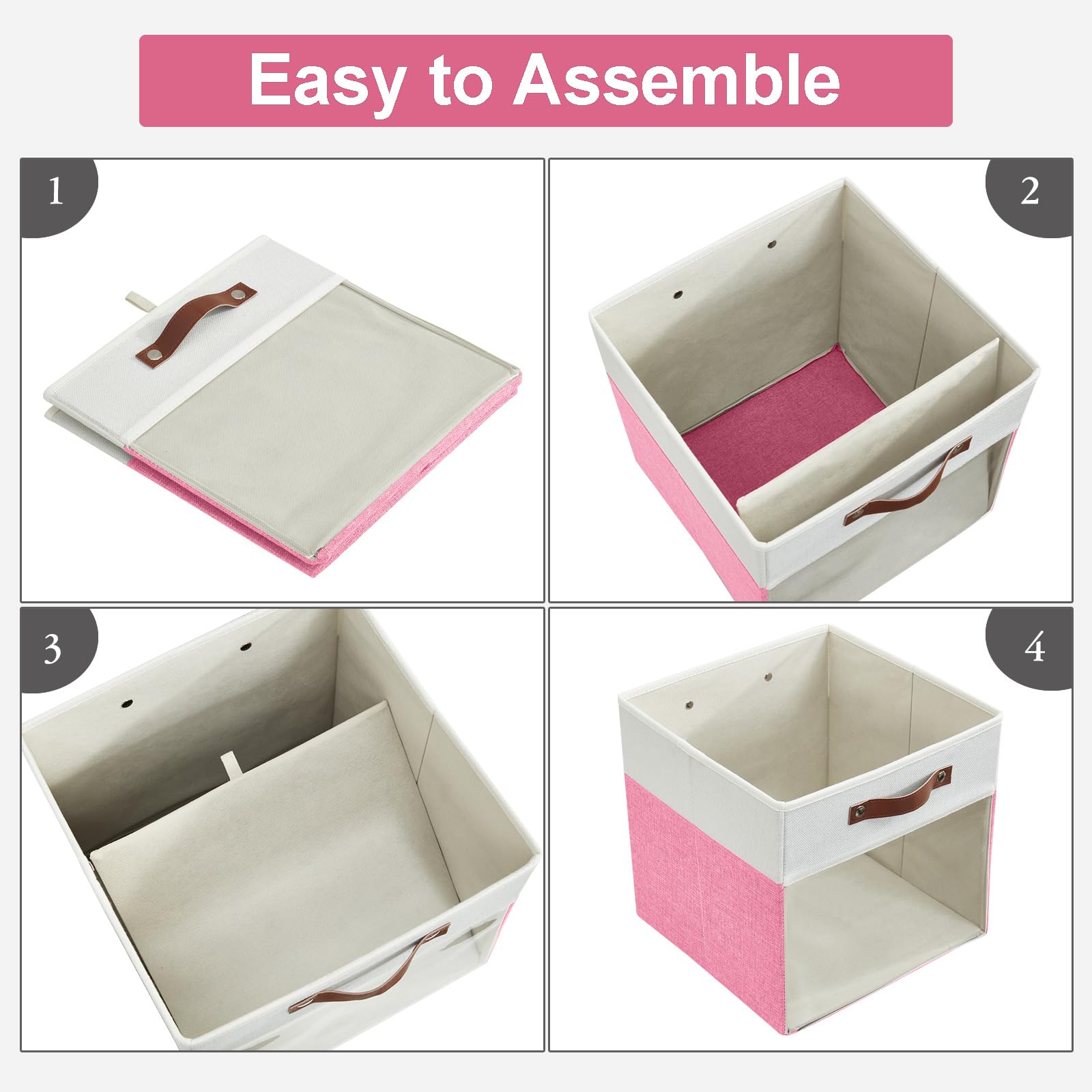 Bagnizer Storage Cubes, 4 Pack Linen Foldable Storage Bins (13 x 13 inch) with Clear Window and Handles, Fabric Organizer for Shelf Closet, Clothes, Books - (Pink and White)