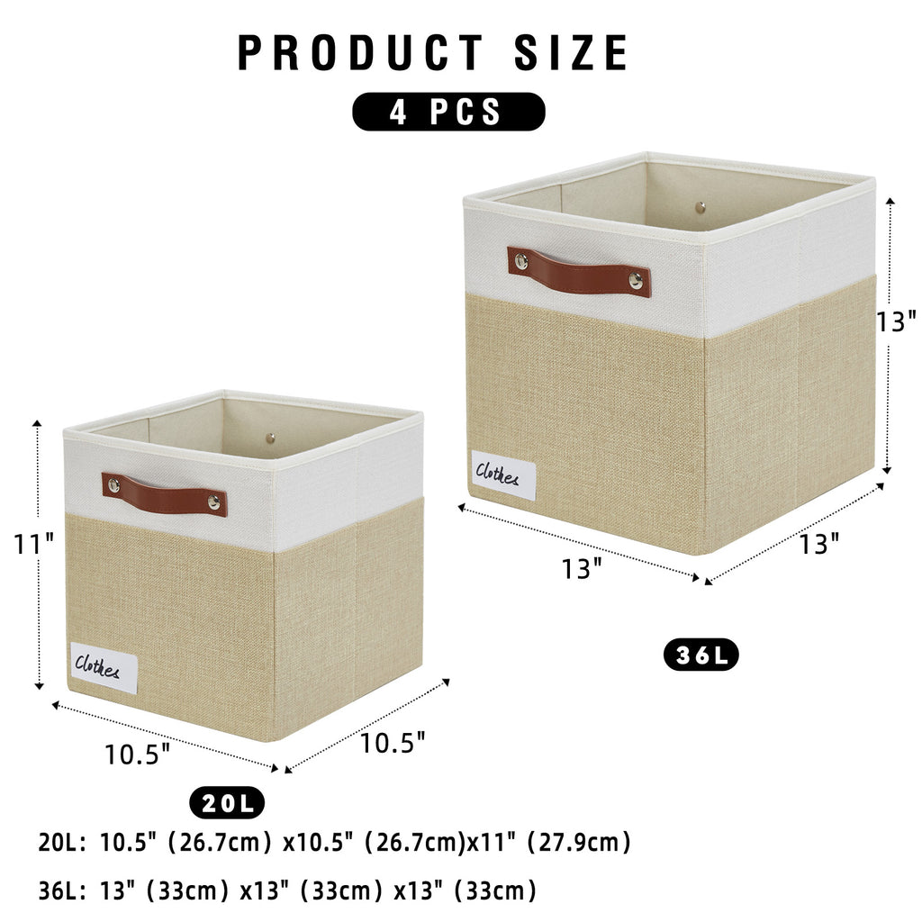Collapsible Fabric Storage Cube Bins with 2 Reinforced PU Handles, Foldable Storage Organizer Baskets for Closet, Shelves, Living Room | 13"x13"x13", 4 Pack, Beige & White