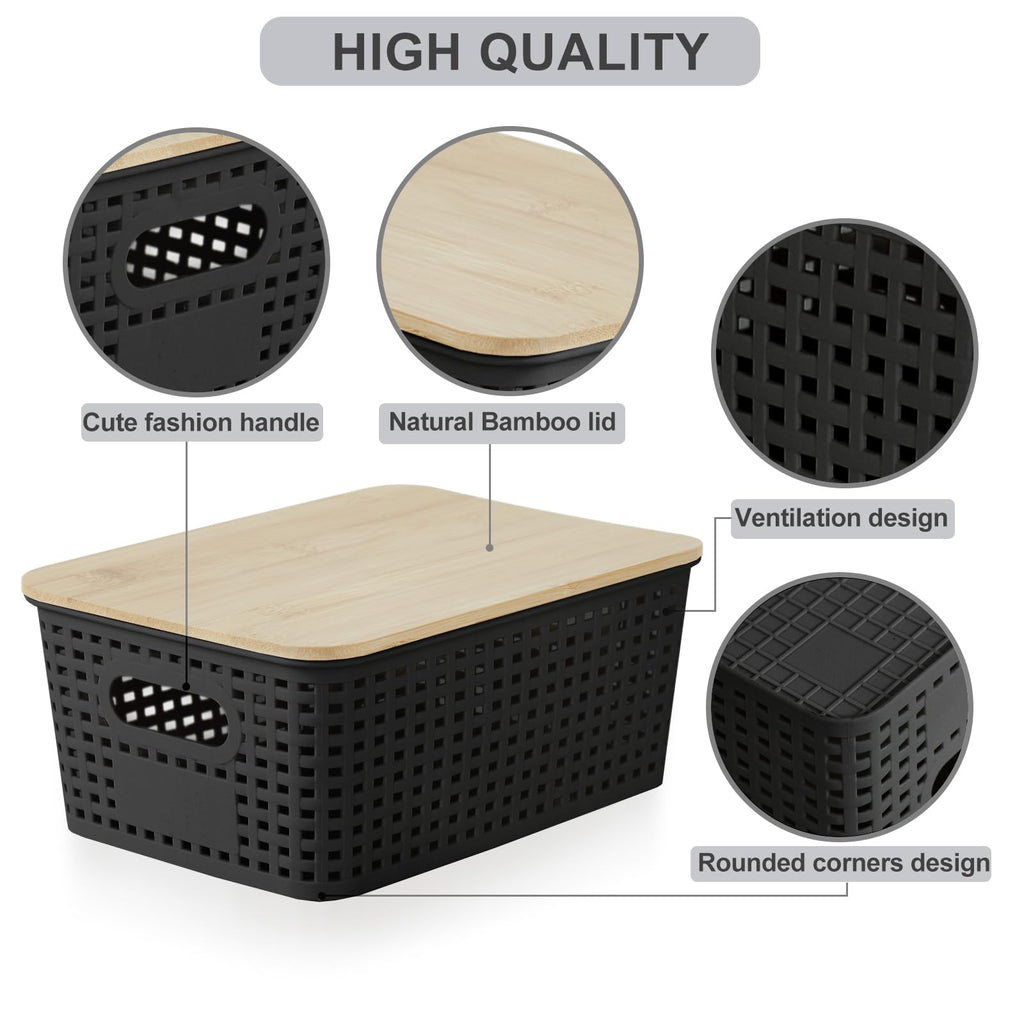 Small Plastic Storage Bins with Bamboo Lids 5.2qt Stackable Box Basket Pantry Decorative Containers Cute with Lable for Organizing Desktop Closet Office Black of 6 packs 10 * 7.2 * 4.1"