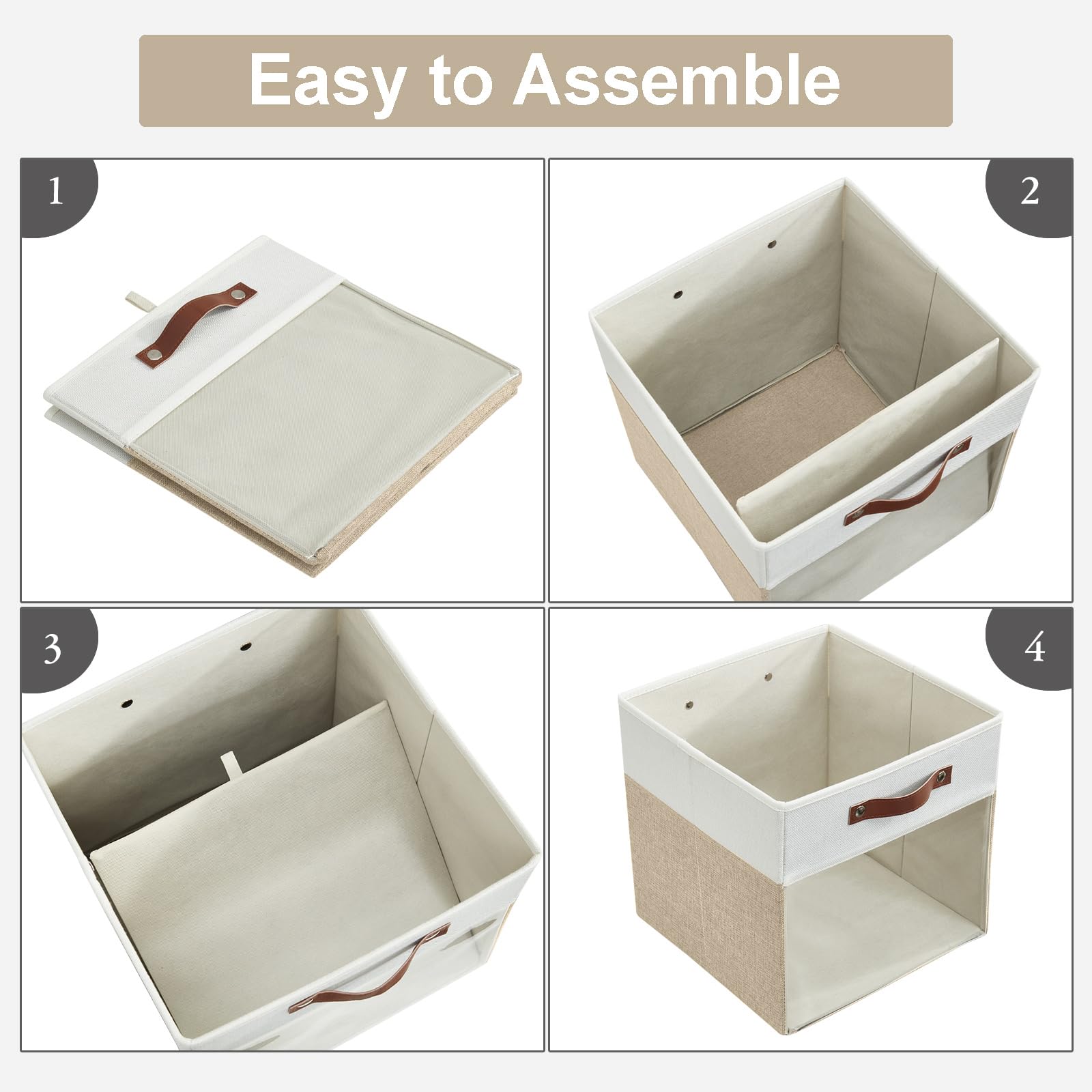 Bagnizer Storage Cubes, 4 Pack Linen Foldable Storage Bins (13 x 13 inch) with Clear Window and Handles, Fabric Organizer for Shelf Closet, Clothes, Books - (Beige and White)