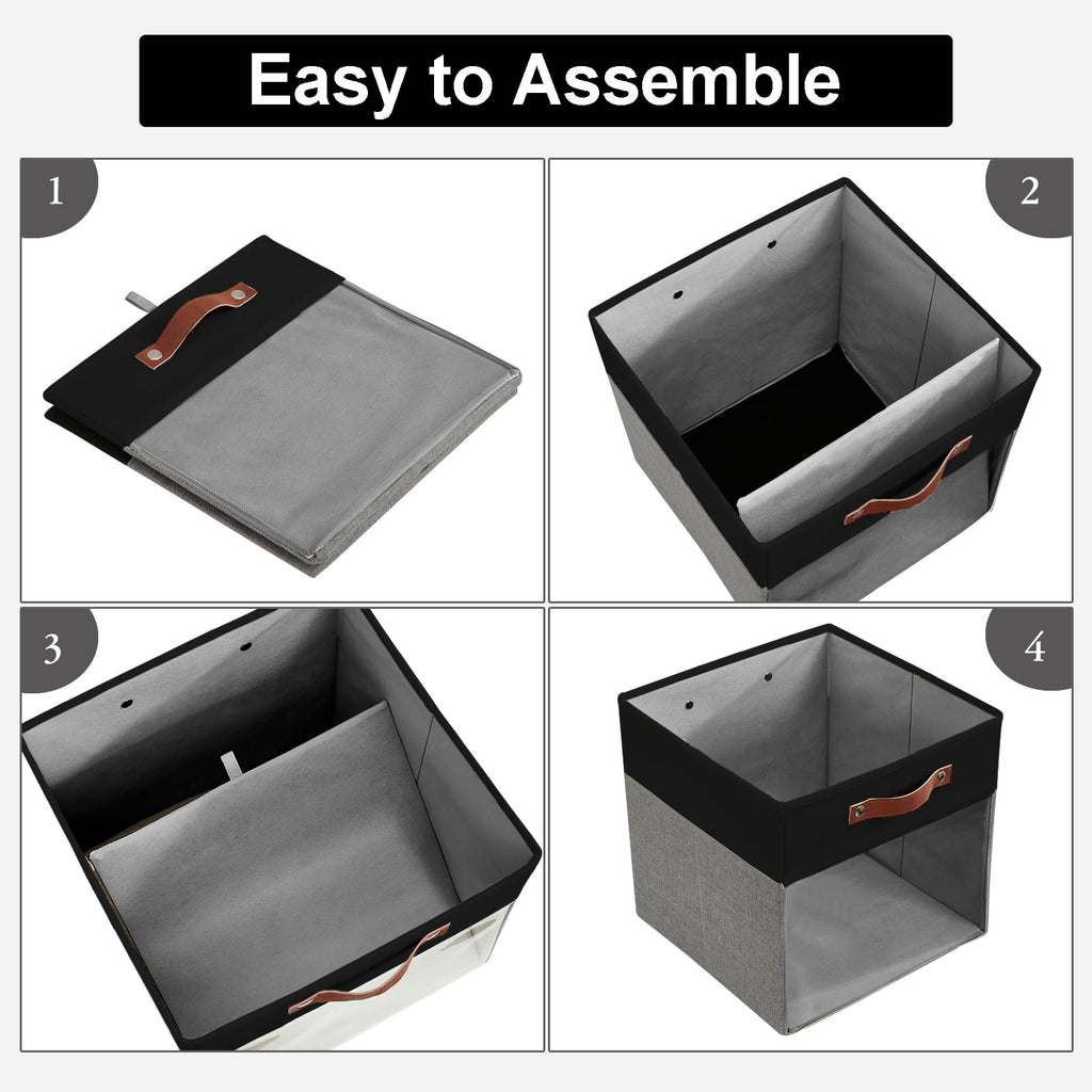 Bagnizer Storage Cubes, 4 Pack Linen Foldable Storage Bins (13 x 13 inch) with Clear Window and Handles, Fabric Organizer for Shelf Closet, Clothes, Books - (Gray and Black)