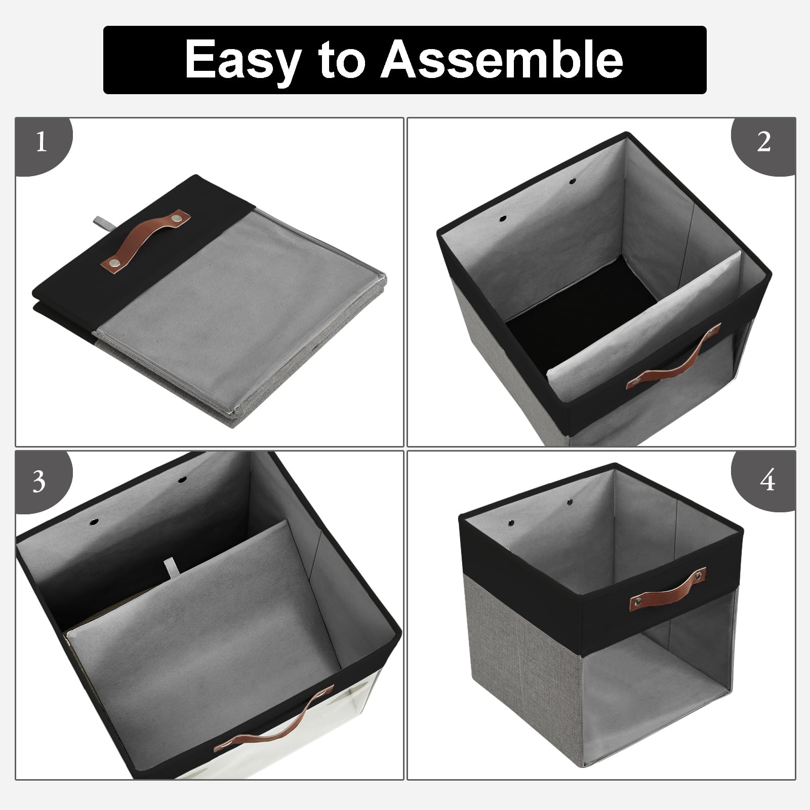 Bagnizer Storage Cubes, 4 Pack Linen Foldable Storage Bins (13 x 13 inch) with Clear Window and Handles, Fabric Organizer for Shelf Closet, Clothes, Books - (Gray and Black)