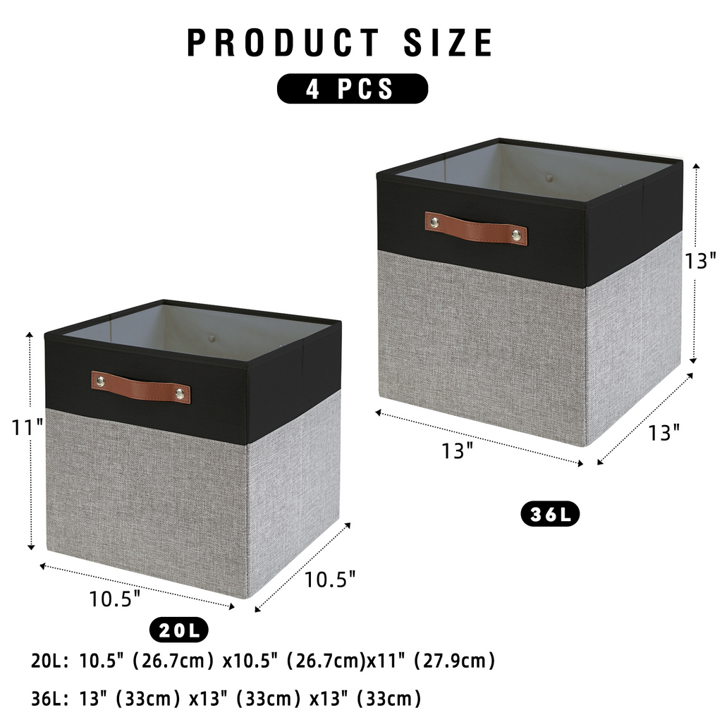 Collapsible Fabric Storage Cube Bins with 2 Reinforced PU Handles, Foldable Storage Organizer Baskets for Closet, Shelves, Living Room | 11"x11"x11", 4 Pack, Black & Gray