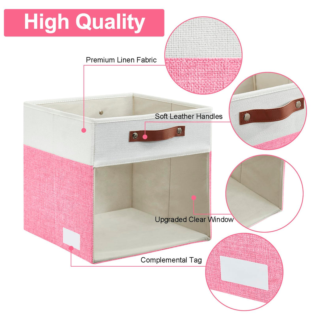 Bagnizer Storage Cubes, 4 Pack Linen Foldable Storage Bins (13 x 13 inch) with Clear Window and Handles, Fabric Organizer for Shelf Closet, Clothes, Books - (Pink and White)