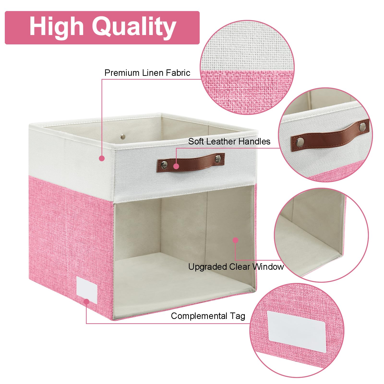 Bagnizer Storage Cubes, 4 Pack Linen Foldable Storage Bins (13 x 13 inch) with Clear Window and Handles, Fabric Organizer for Shelf Closet, Clothes, Books - (Pink and White)