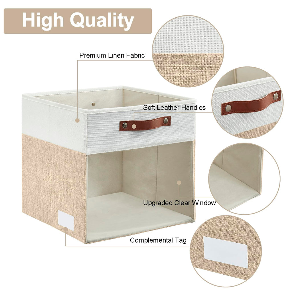 Bagnizer Storage Cubes, 4 Pack Linen Foldable Storage Bins (13 x 13 inch) with Clear Window and Handles, Fabric Organizer for Shelf Closet, Clothes, Books - (Beige and White)