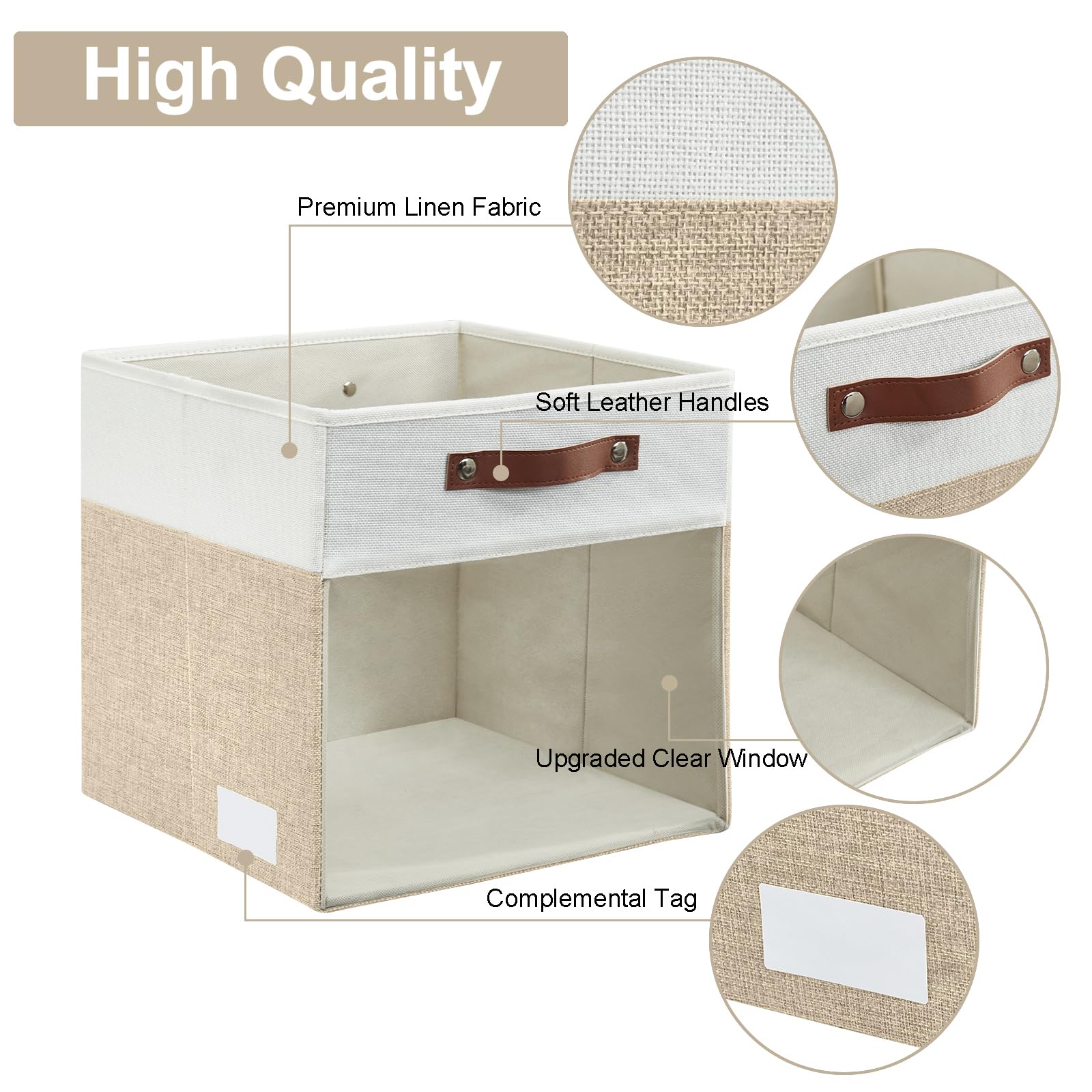 Bagnizer Storage Cubes, 4 Pack Linen Foldable Storage Bins (13 x 13 inch) with Clear Window and Handles, Fabric Organizer for Shelf Closet, Clothes, Books - (Beige and White)