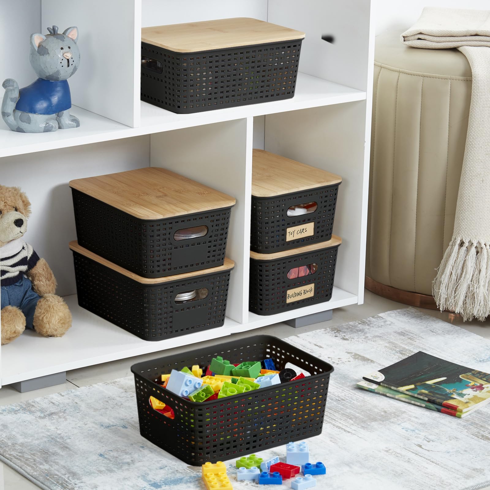 Small Plastic Storage Bins with Bamboo Lids 5.2qt Stackable Box Basket Pantry Decorative Containers Cute with Lable for Organizing Desktop Closet Office Black of 6 packs 10 * 7.2 * 4.1"