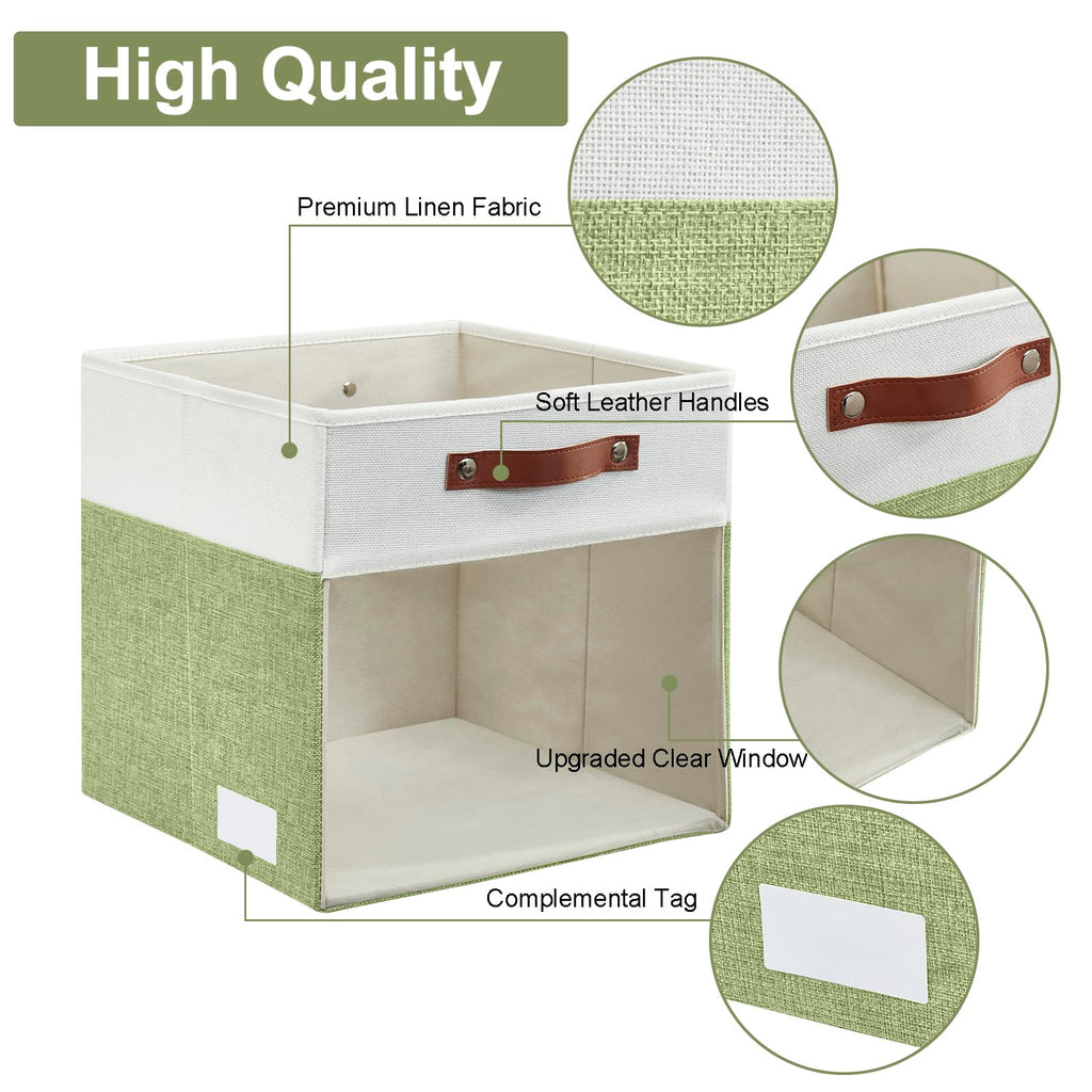 Bagnizer Storage Cubes, 4 Pack Linen Foldable Storage Bins (13 x 13 inch) with Clear Window and Handles, Fabric Organizer for Shelf Closet, Clothes, Books - (Green and White)
