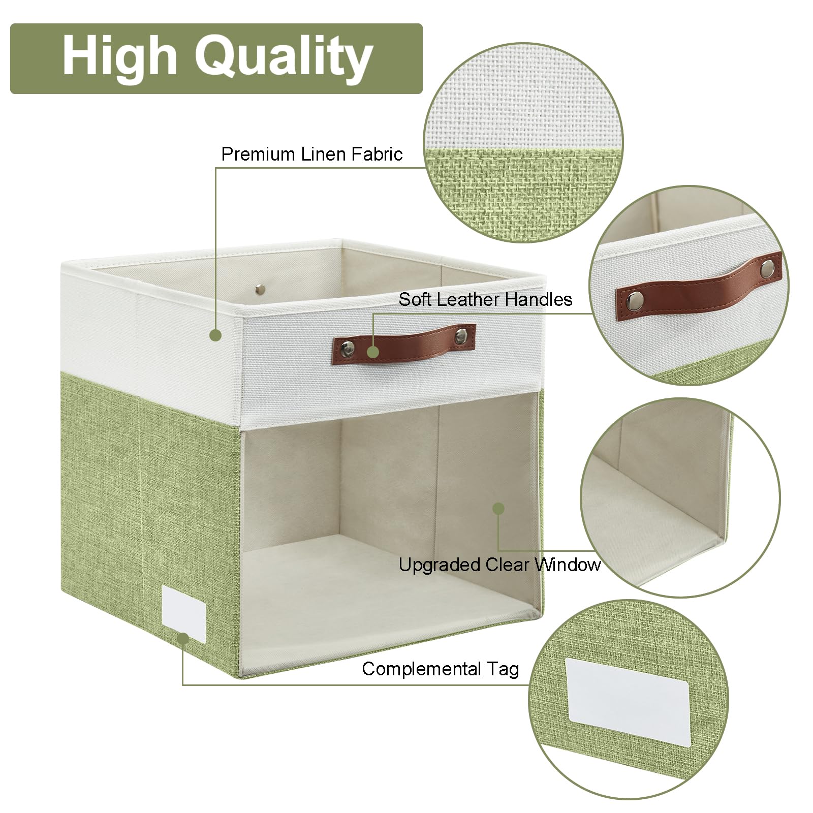 Bagnizer Storage Cubes, 4 Pack Linen Foldable Storage Bins (13 x 13 inch) with Clear Window and Handles, Fabric Organizer for Shelf Closet, Clothes, Books - (Green and White)