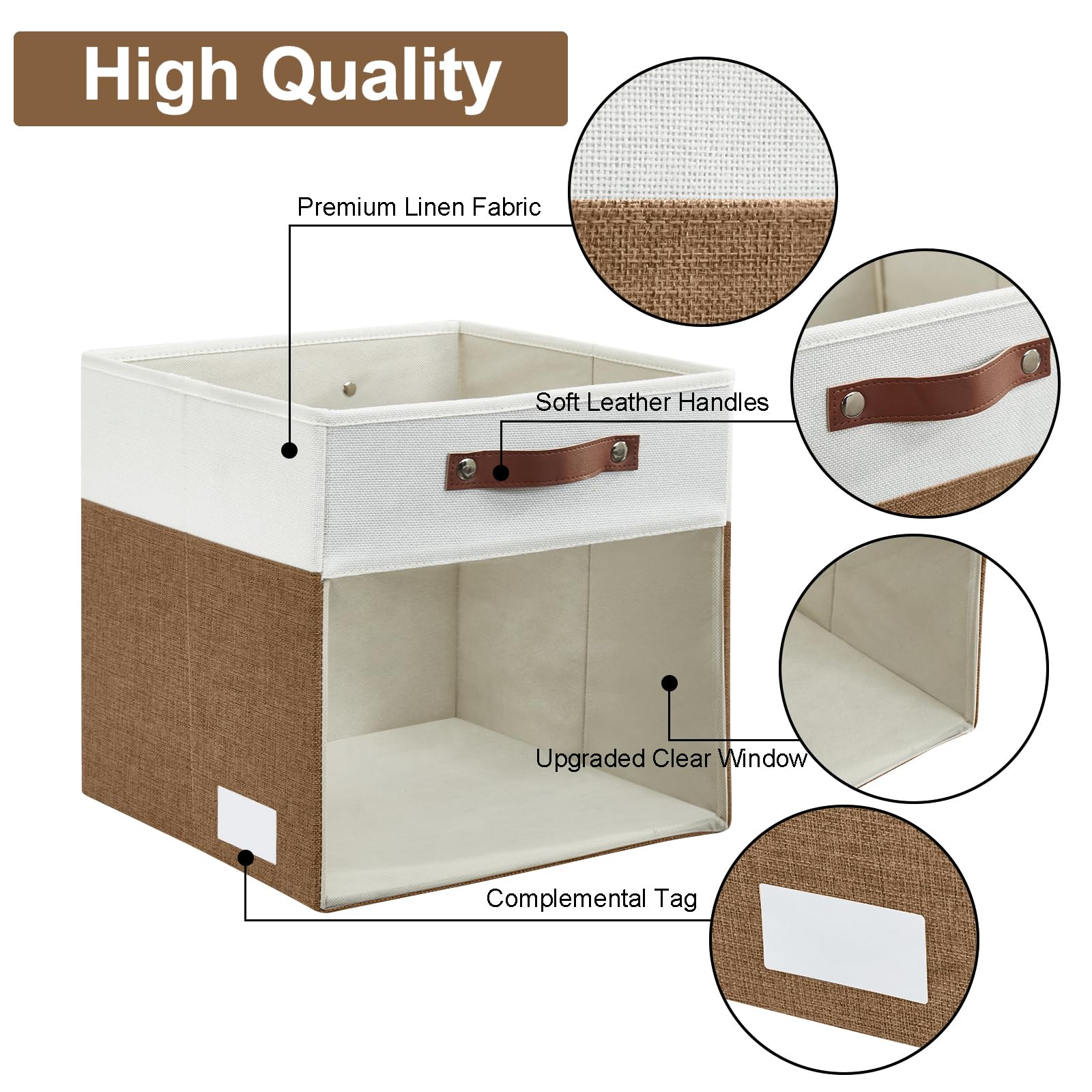 Bagnizer Storage Cubes, 4 Pack Linen Foldable Storage Bins (13 x 13 inch) with Clear Window and Handles, Fabric Organizer for Shelf Closet, Clothes, Books - (Brown and White)