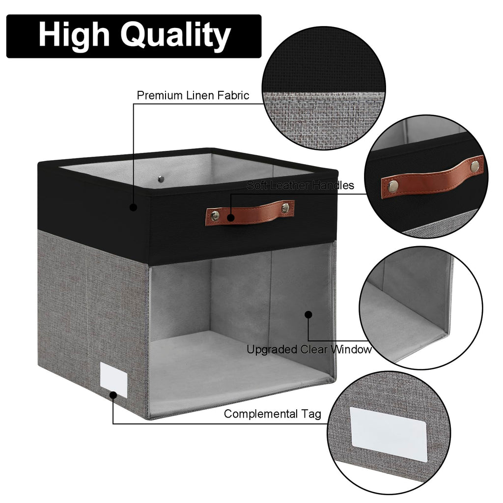 Bagnizer Storage Cubes, 4 Pack Linen Foldable Storage Bins (13 x 13 inch) with Clear Window and Handles, Fabric Organizer for Shelf Closet, Clothes, Books - (Gray and Black)