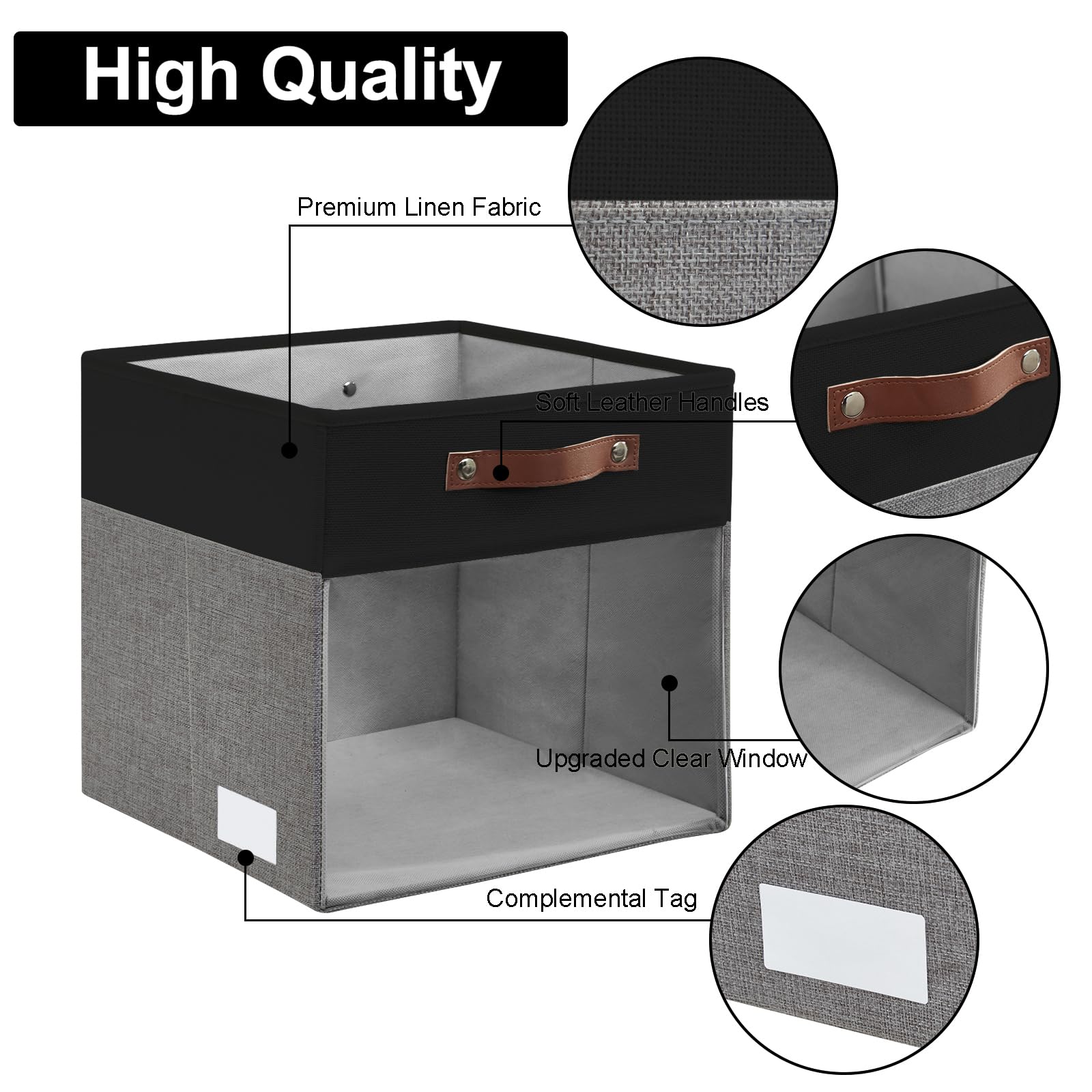 Bagnizer Storage Cubes, 4 Pack Linen Foldable Storage Bins (13 x 13 inch) with Clear Window and Handles, Fabric Organizer for Shelf Closet, Clothes, Books - (Gray and Black)