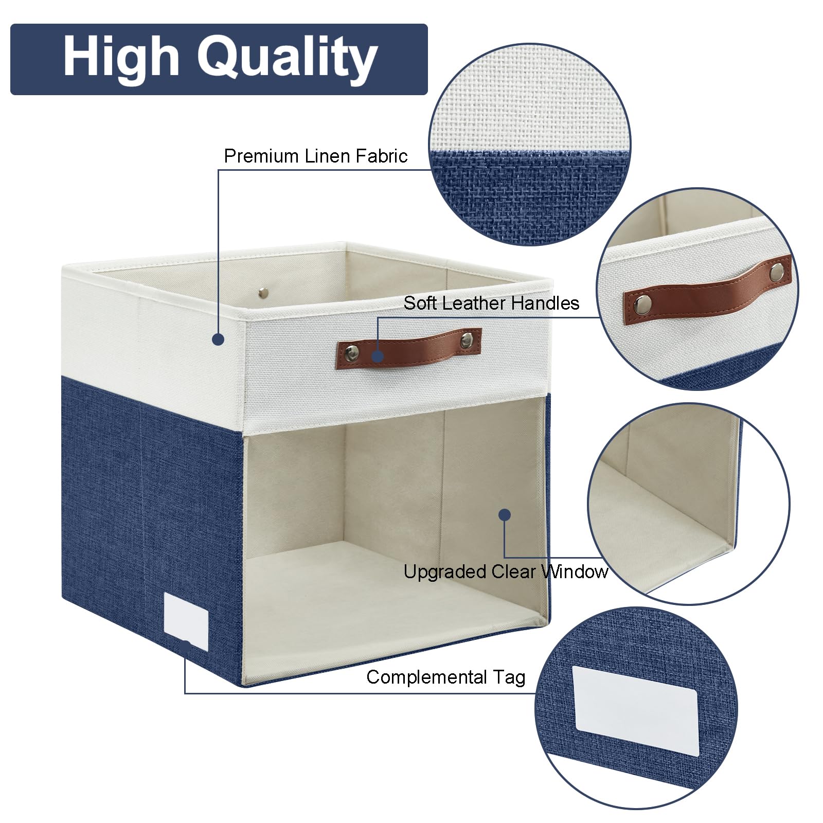 Bagnizer Storage Cubes, 4 Pack Linen Foldable Storage Bins (13 x 13 inch) with Clear Window and Handles, Fabric Organizer for Shelf Closet, Clothes, Books - (Navy Blue and White)