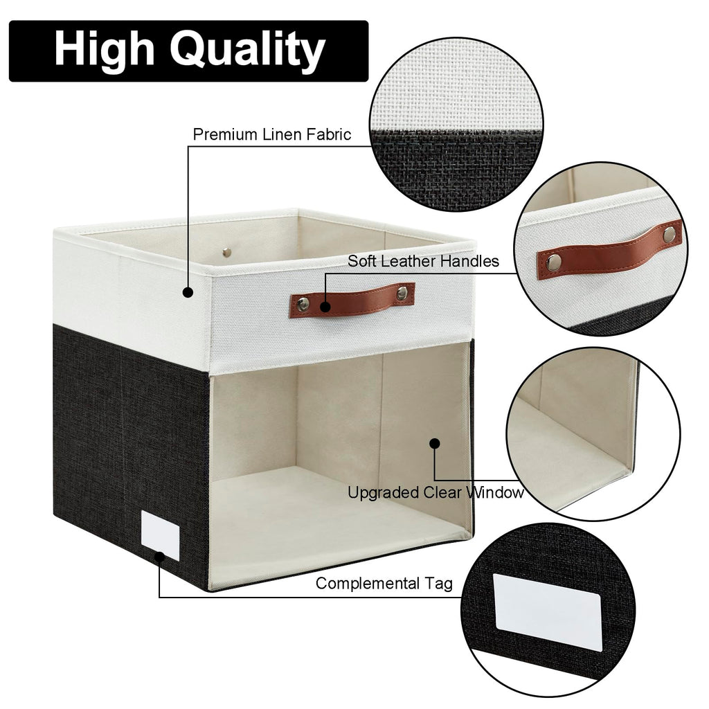 Bagnizer Storage Cubes, 4 Pack Linen Foldable Storage Bins (13 x 13 inch) with Clear Window and Handles, Fabric Organizer for Shelf Closet, Clothes, Books - (Black and White)