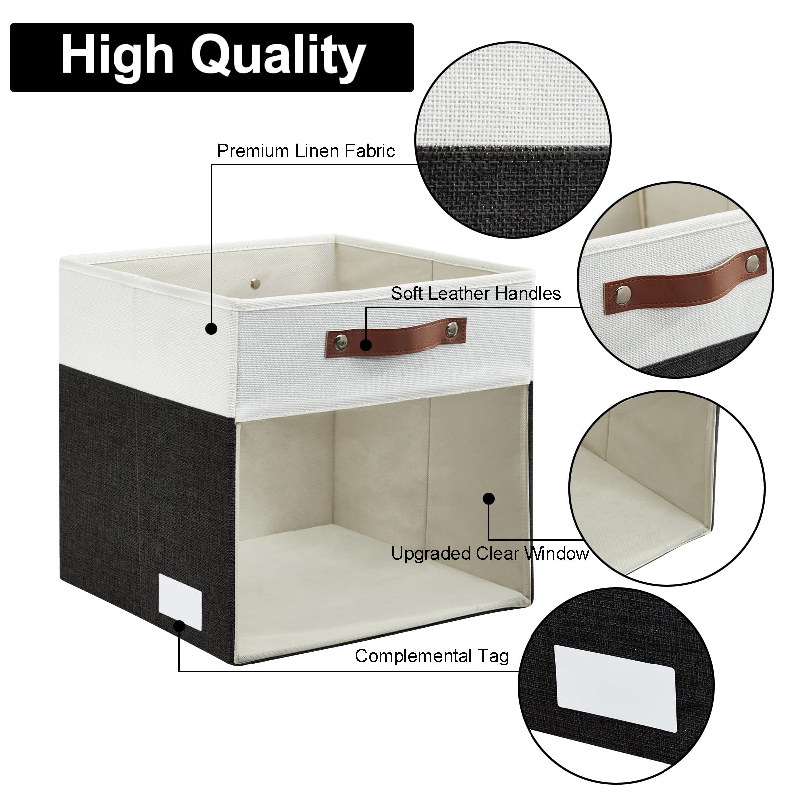 Bagnizer Storage Cubes, 4 Pack Linen Foldable Storage Bins (13 x 13 inch) with Clear Window and Handles, Fabric Organizer for Shelf Closet, Clothes, Books - (Black and White)