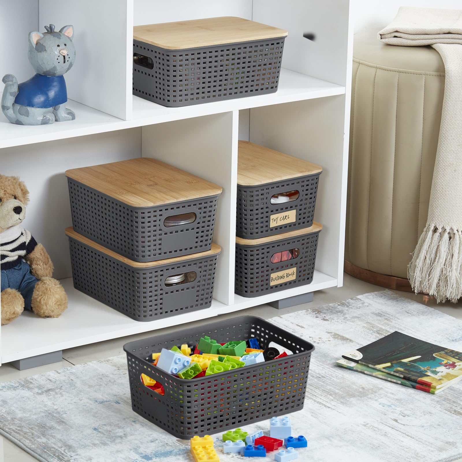 Bagnizer Small Plastic Storage Bins with Bamboo Lids 5.2qt Stackable Box Basket Pantry Decorative Containers Cute with Lable for Organizing Desktop Closet Office Gray of 6 packs 10*7.2*4.1'’