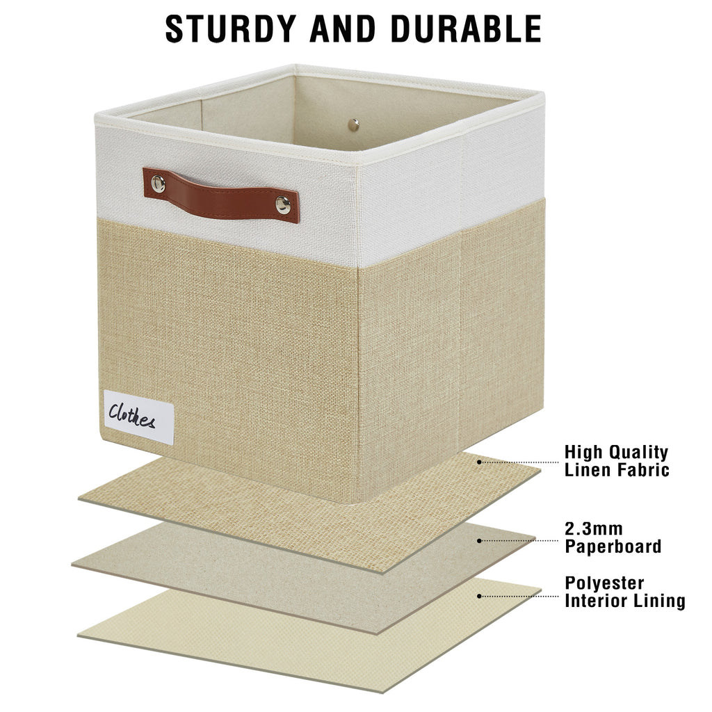 Collapsible Fabric Storage Cube Bins with 2 Reinforced PU Handles, Foldable Storage Organizer Baskets for Closet, Shelves, Living Room | 11"x11"x11", 4 Pack, Beige & White