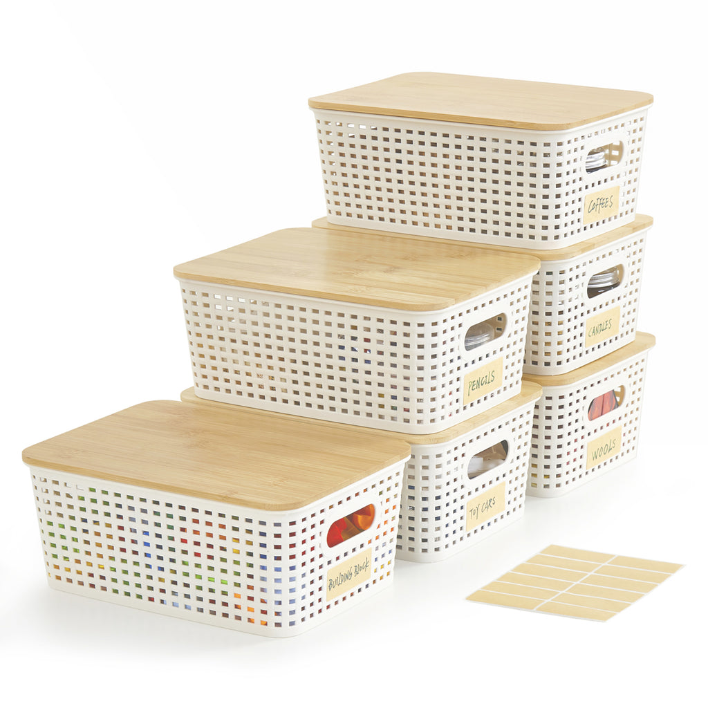Bagnizer Small Plastic Storage Bins with Bamboo Lids 5.2qt Stackable Box Basket Pantry Decorative Containers Cute with Lable for Organizing Desktop Closet Office Cream White of 6 packs 10*7.2*4.1'’