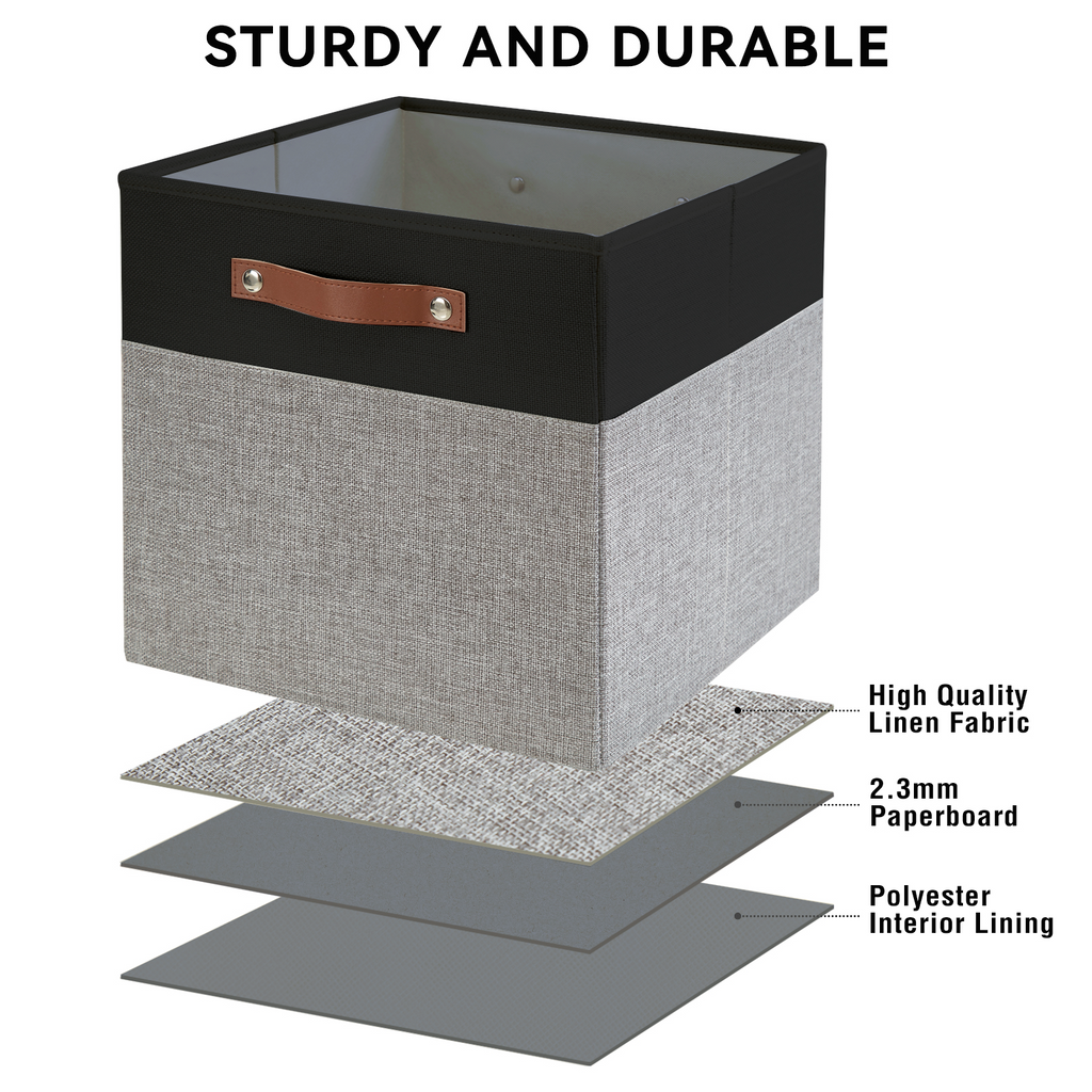 Collapsible Fabric Storage Cube Bins with 2 Reinforced PU Handles, Foldable Storage Organizer Baskets for Closet, Shelves, Living Room | 11"x11"x11", 4 Pack, Black & Gray