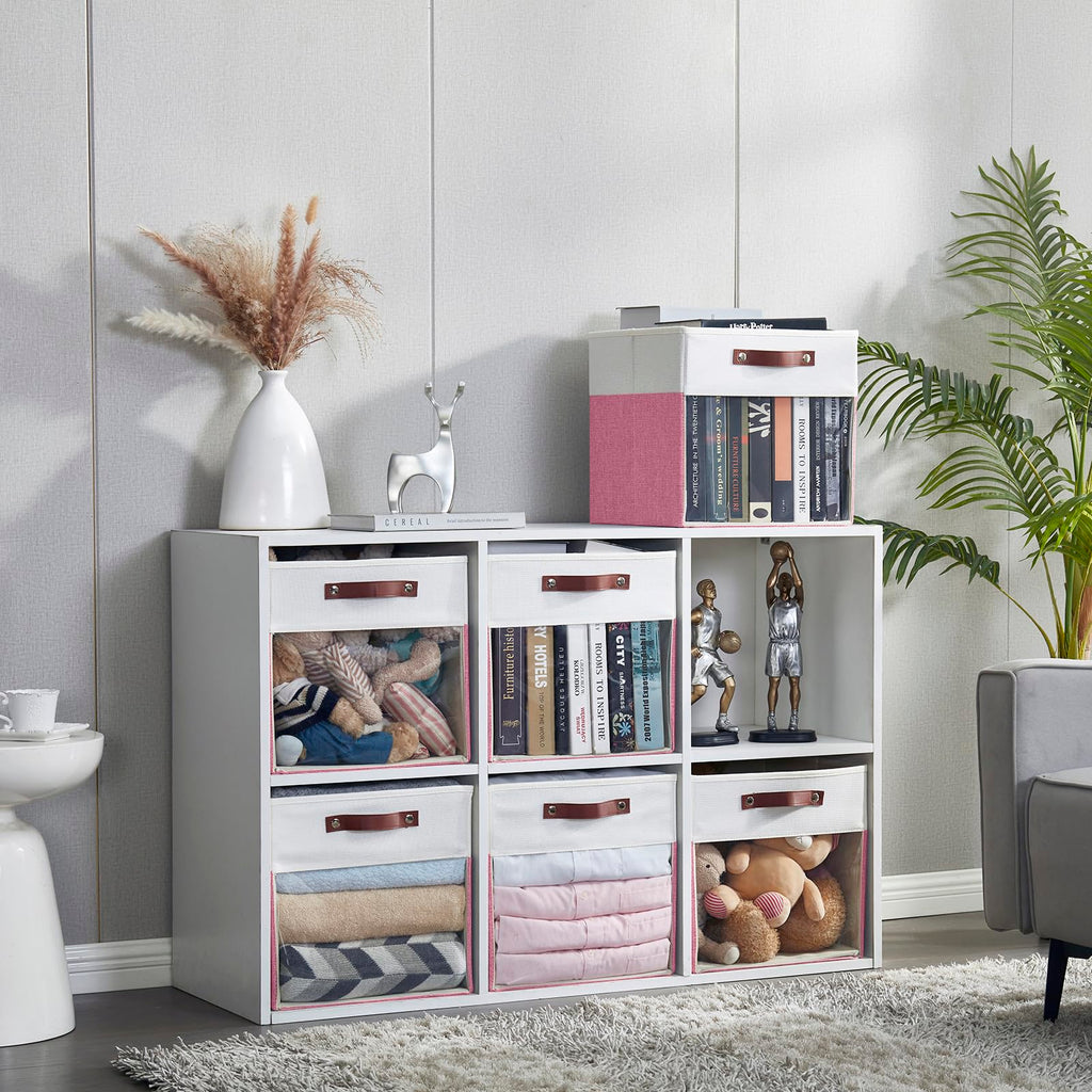 Bagnizer Storage Cubes, 4 Pack Linen Foldable Storage Bins (13 x 13 inch) with Clear Window and Handles, Fabric Organizer for Shelf Closet, Clothes, Books - (Pink and White)